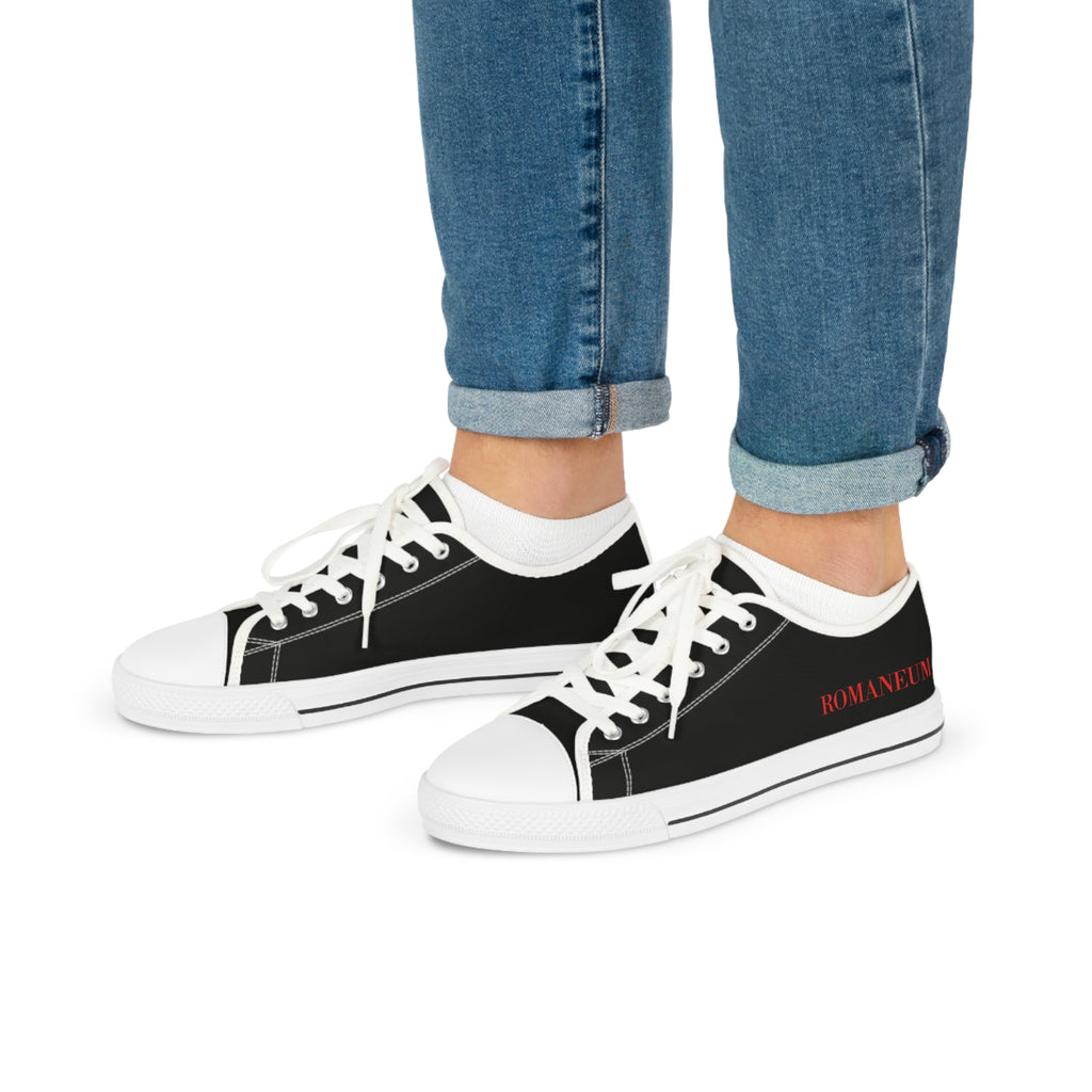 Low Top Sneakers — Black Canvas Casual Shoes with 'ROMA' Red Text