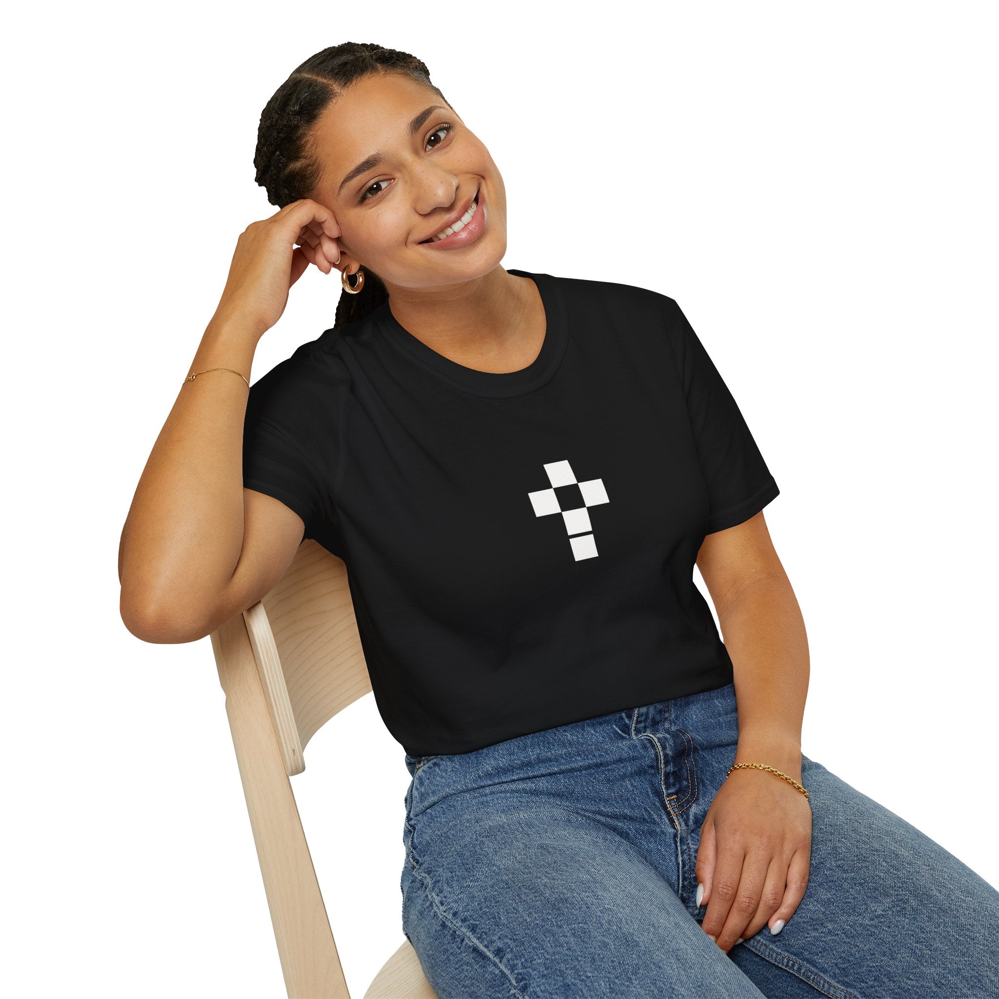 Romaneum Minimal Pixel Cross T-Shirt | Small Black Geometric Cross