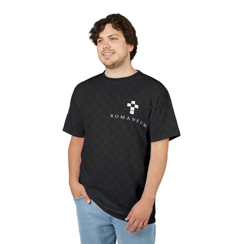 Black Checkered 'ROMANEUM' Logo Tee — All-Over Print Cut & Sew Shirt