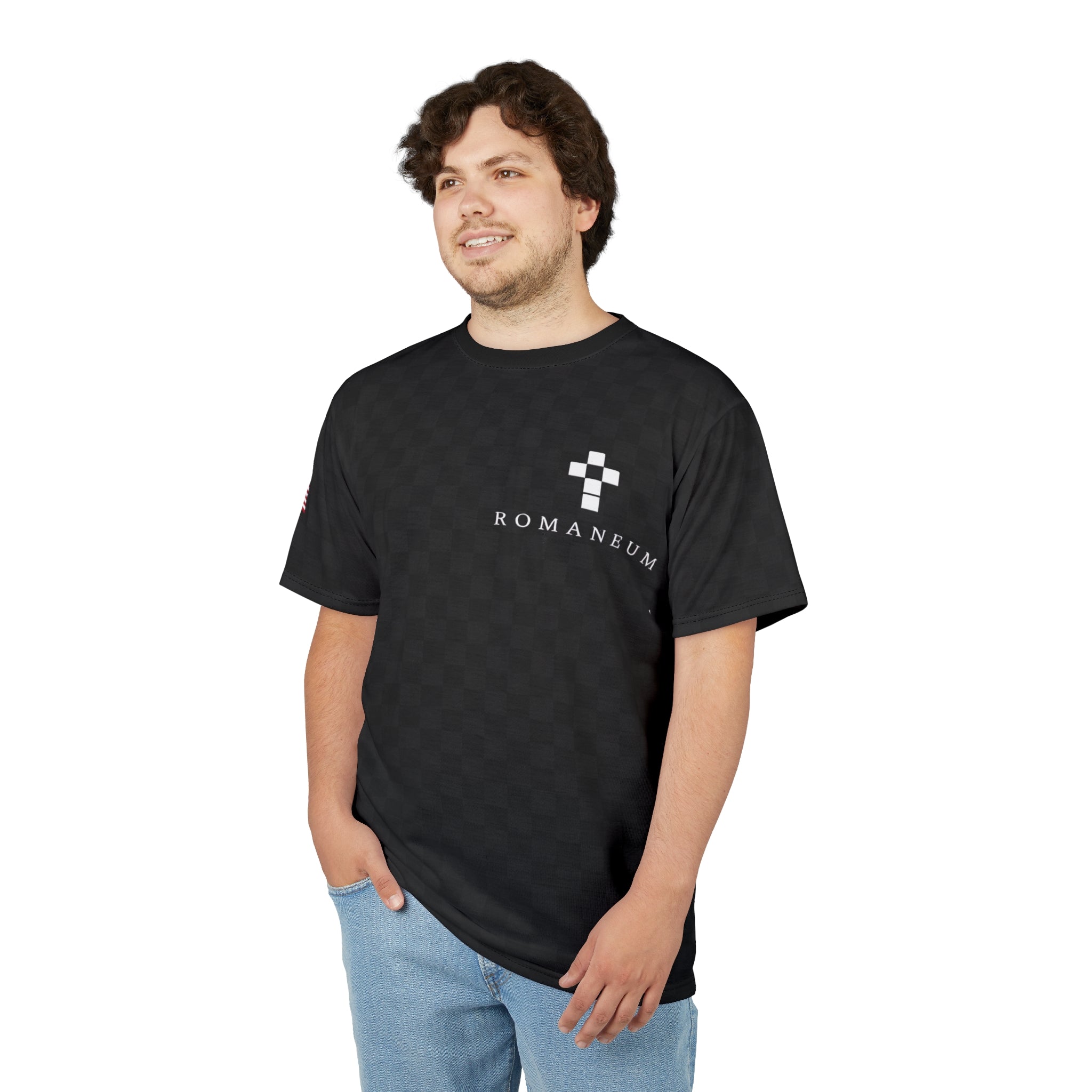 Black Checkered 'ROMANEUM' Logo Tee — All-Over Print Cut & Sew Shirt