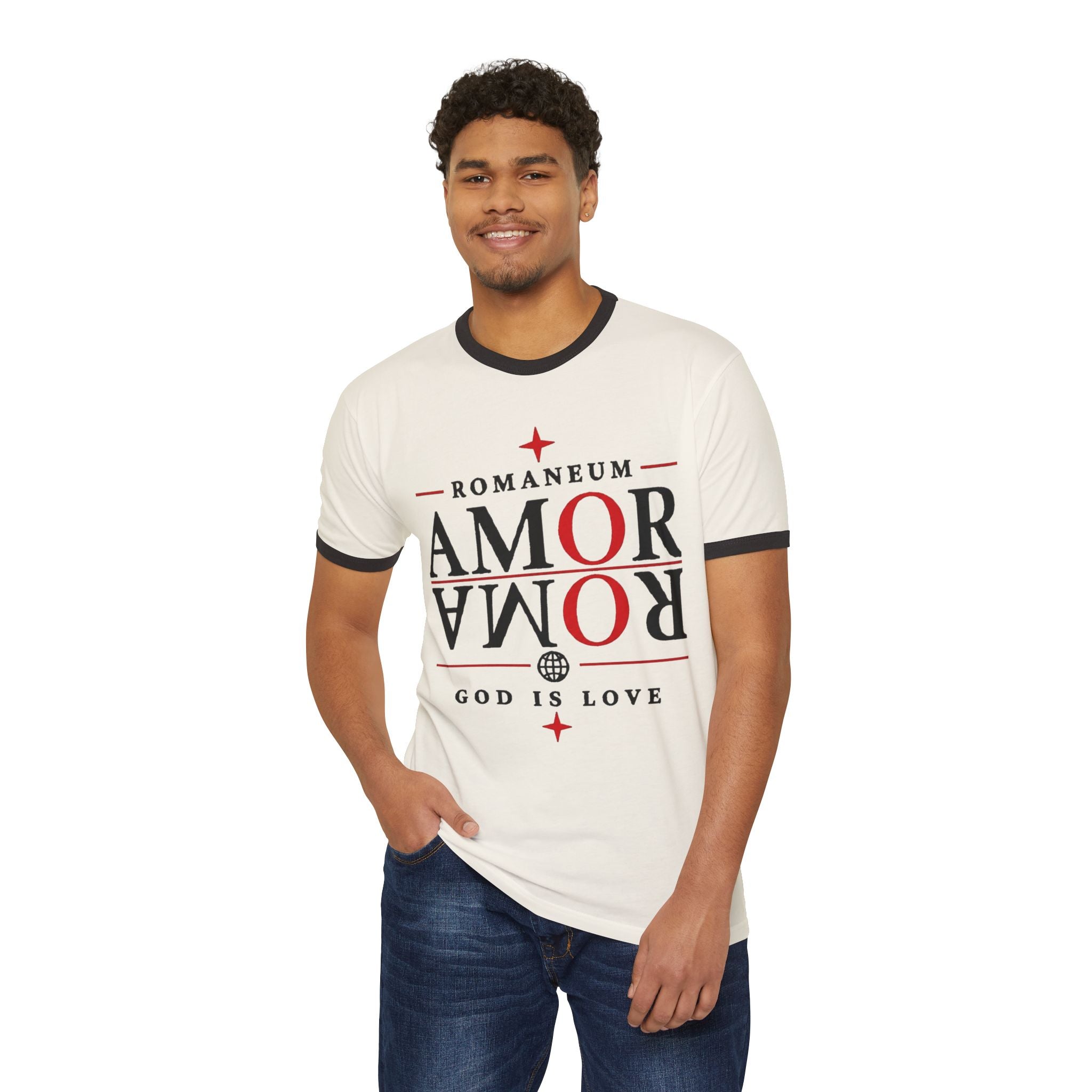 Romaneum "AMOR/ROMA" Ringer Tee — God Is Love Christian T‑Shirt