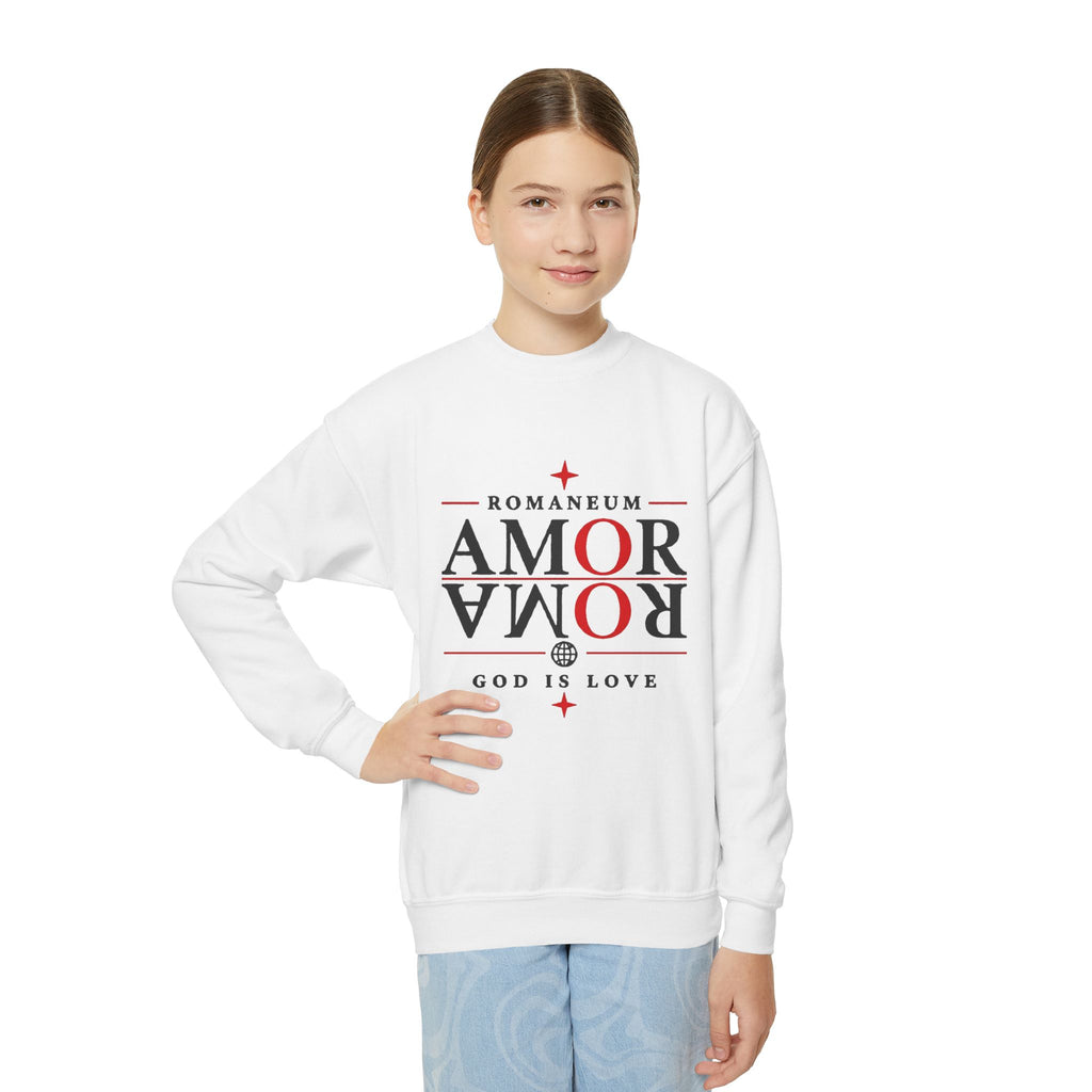 Romaneum Amor Crewneck Sweatshirt — “AMOR/ROMA” God Is Love Youth Pullover