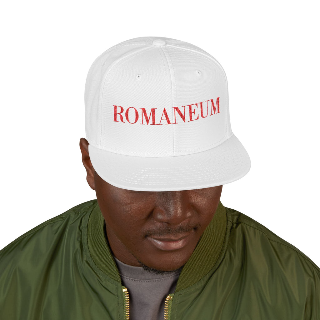 Embroidered Snapback Cap — Red Vintage 'ROMANEUM' Text