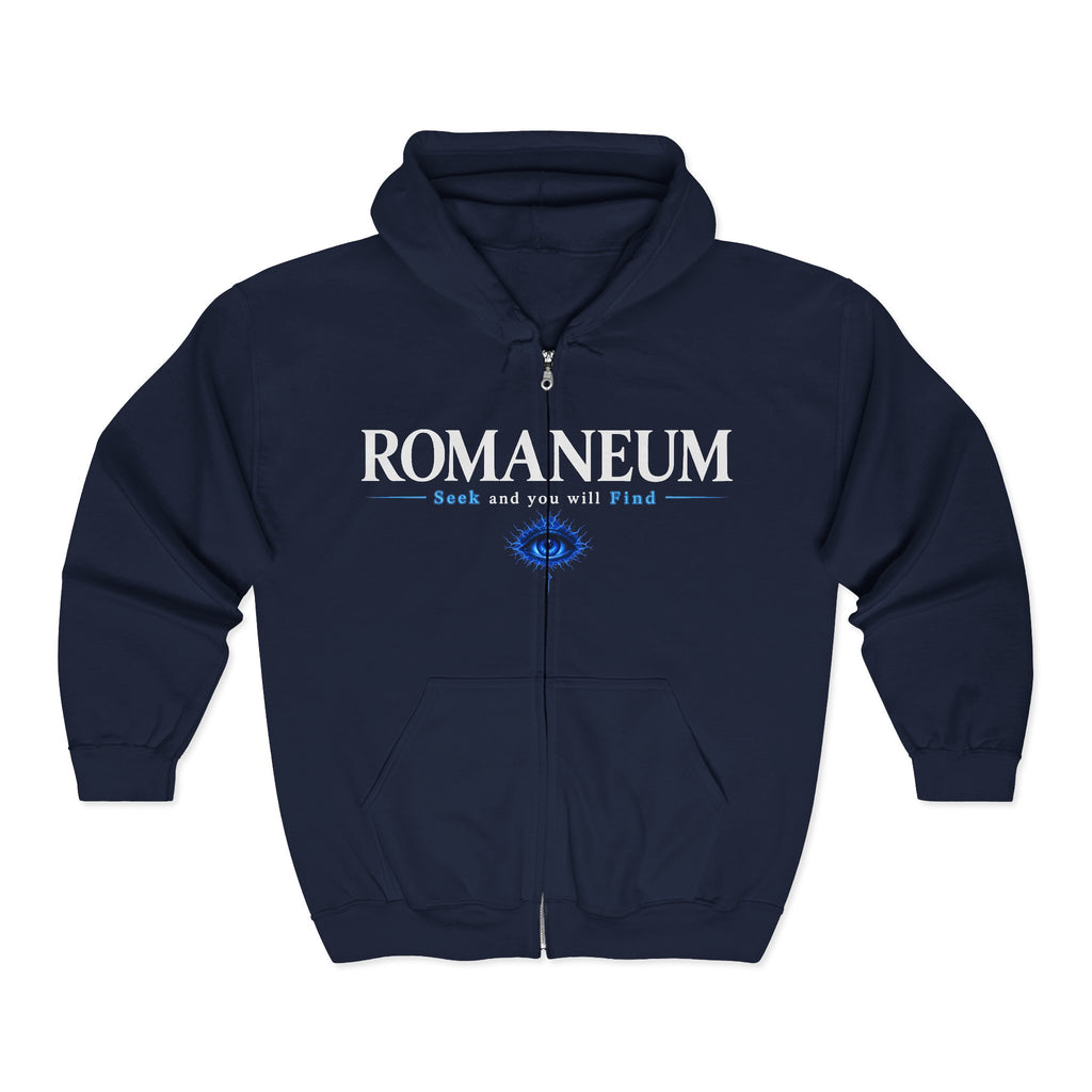 Romaneum Zip Hoodie — "Seek and you will Find" Gothic Logo