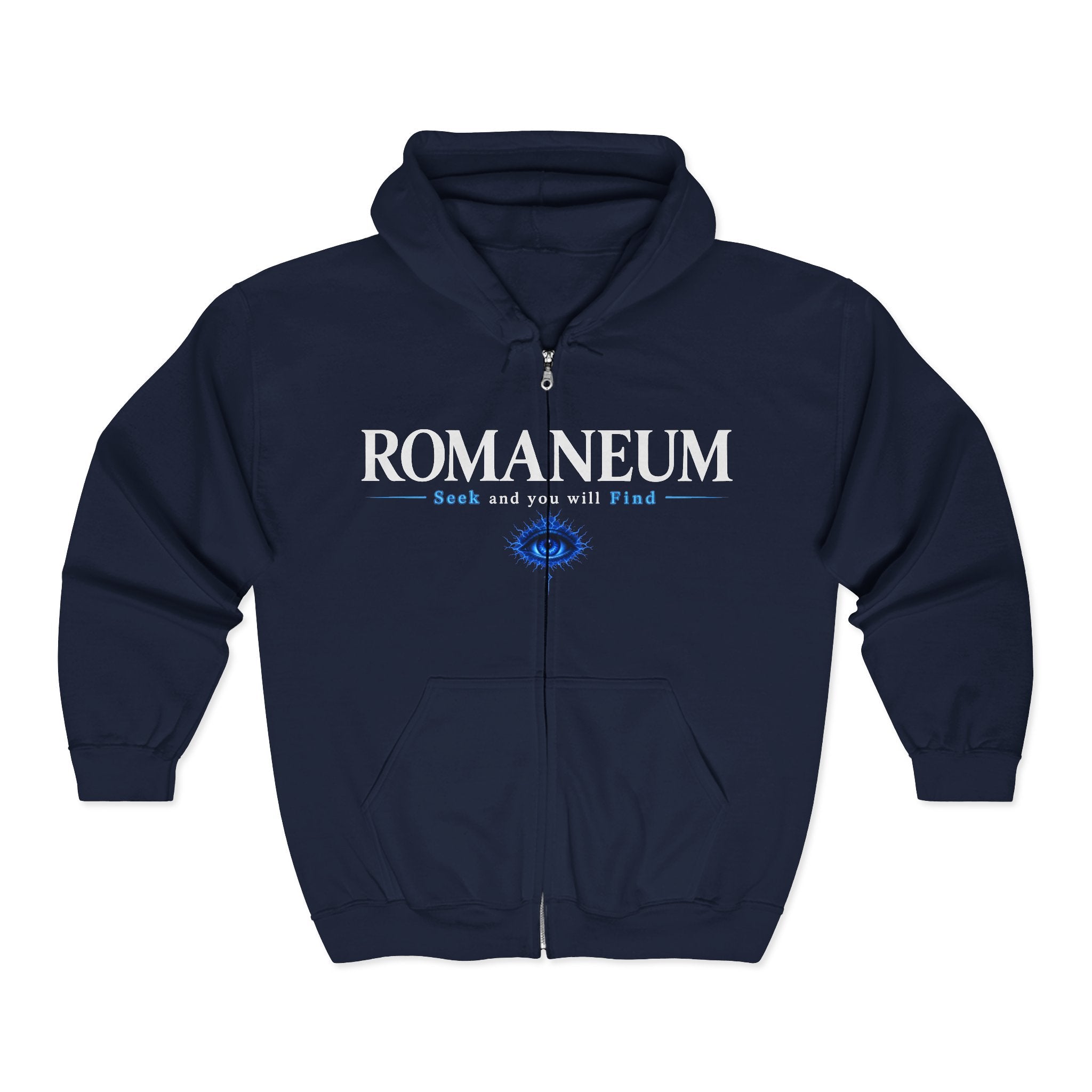 Romaneum Zip Hoodie — "Seek and you will Find" Gothic Logo