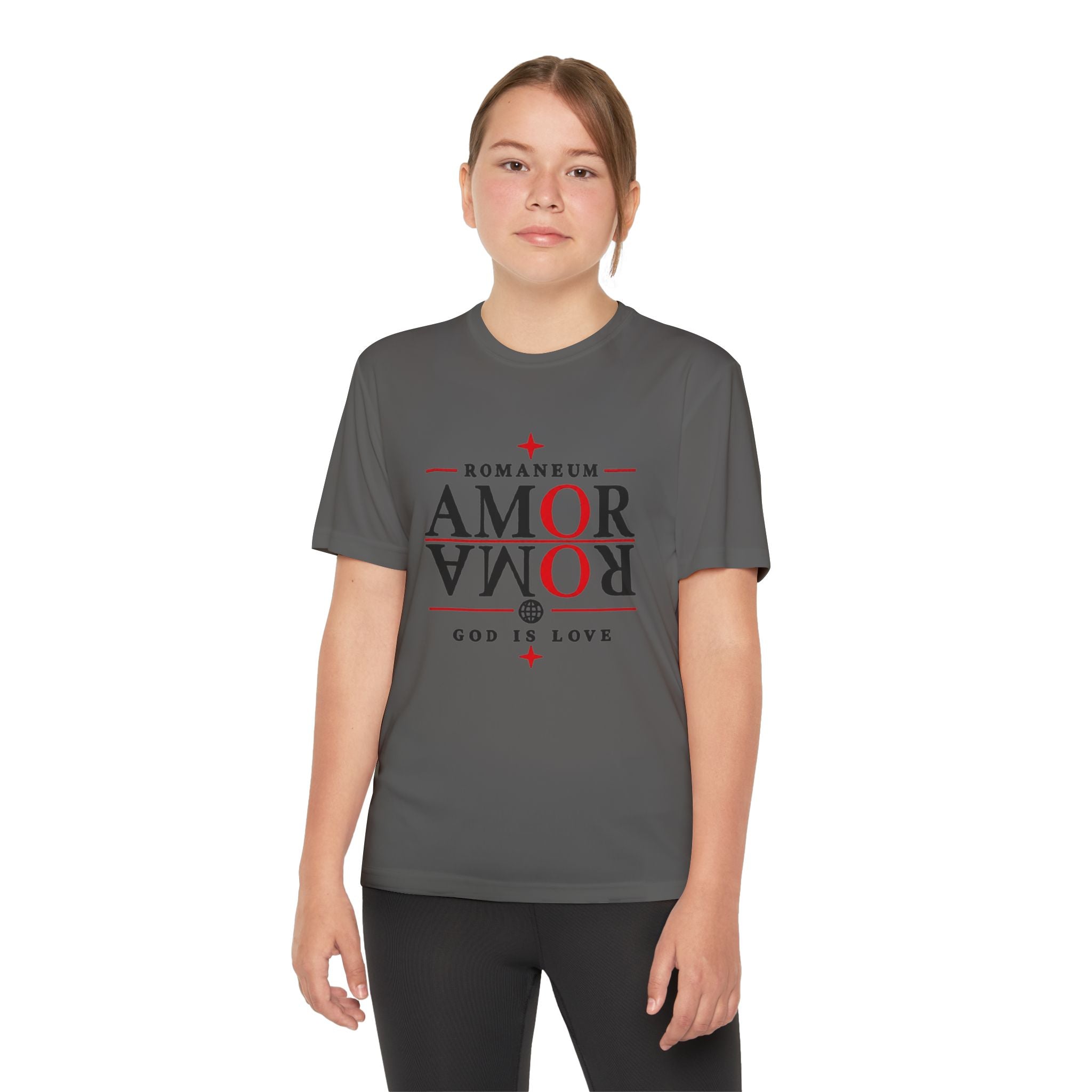 Youth Tee — ROMANEUM “AMOR/ROMA” Graphic Christian Shirt (God is Love)