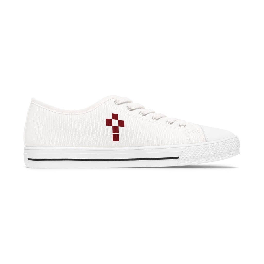 White Low Top Sneakers with Burgundy Pixel Cross — Women's Casual Canvas Shoes