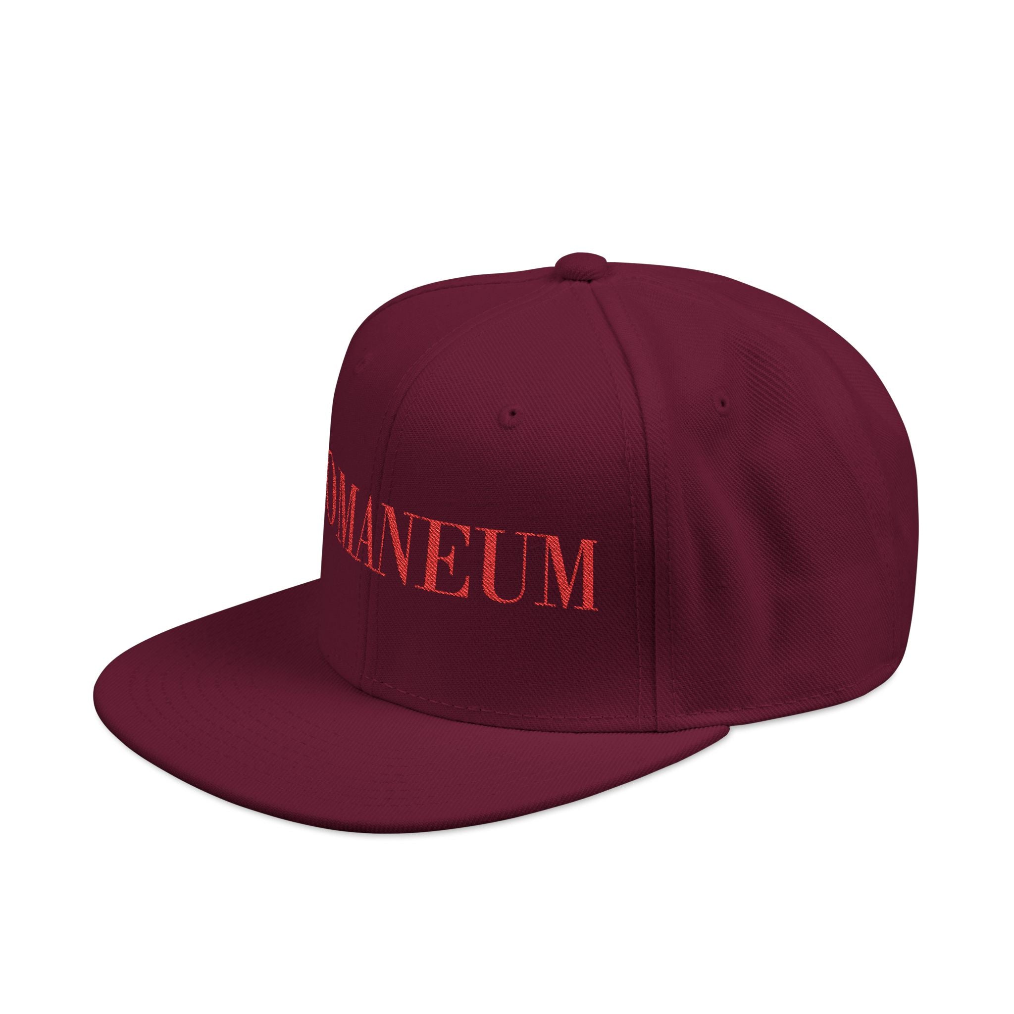 Embroidered Snapback Cap — Red Vintage 'ROMANEUM' Text