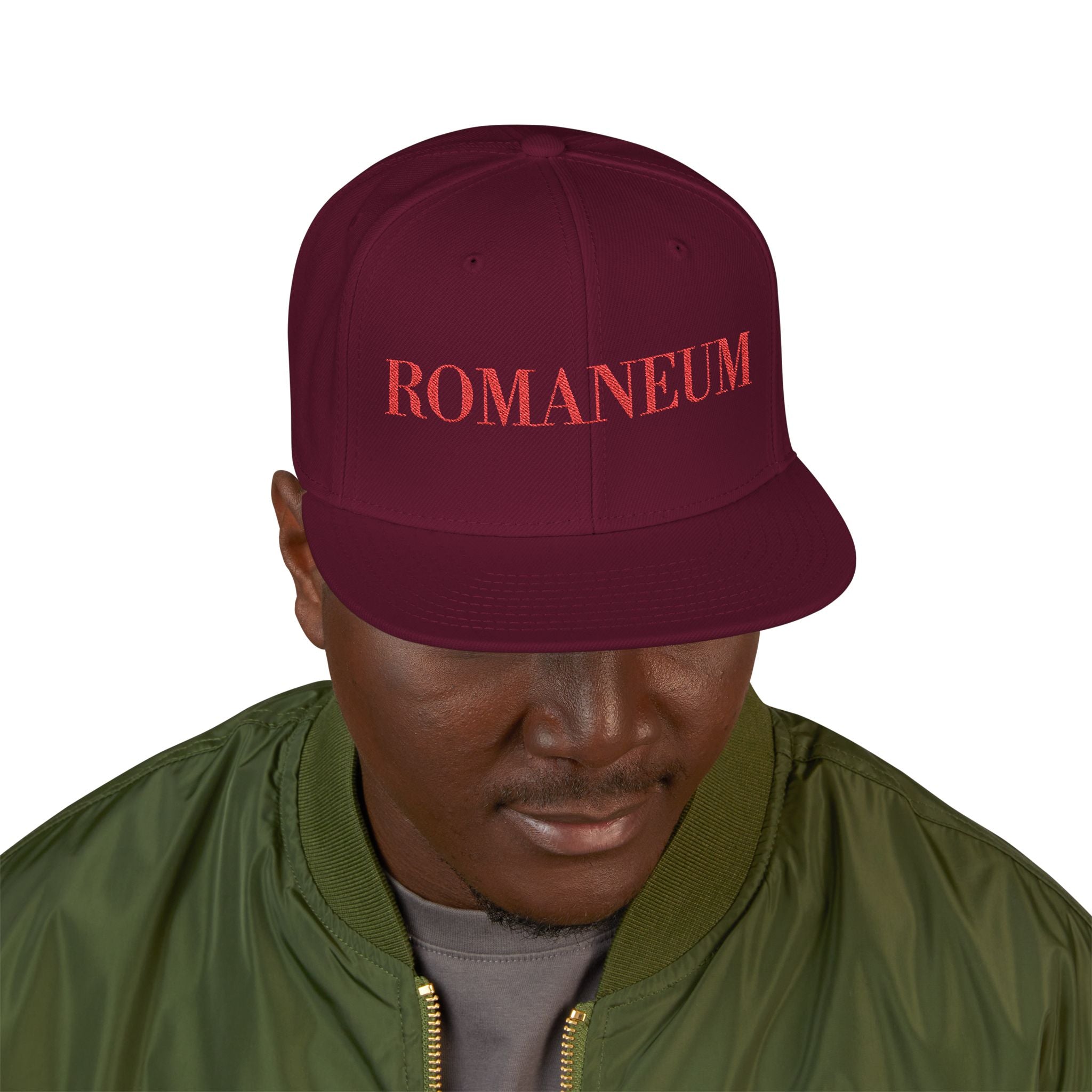 Embroidered Snapback Cap — Red Vintage 'ROMANEUM' Text