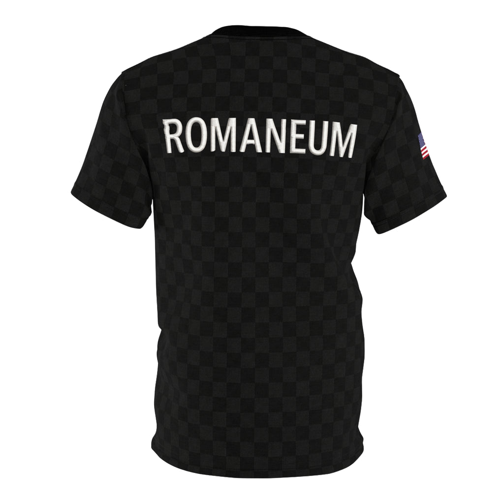 Black Checkered 'ROMANEUM' Logo Tee — All-Over Print Cut & Sew Shirt