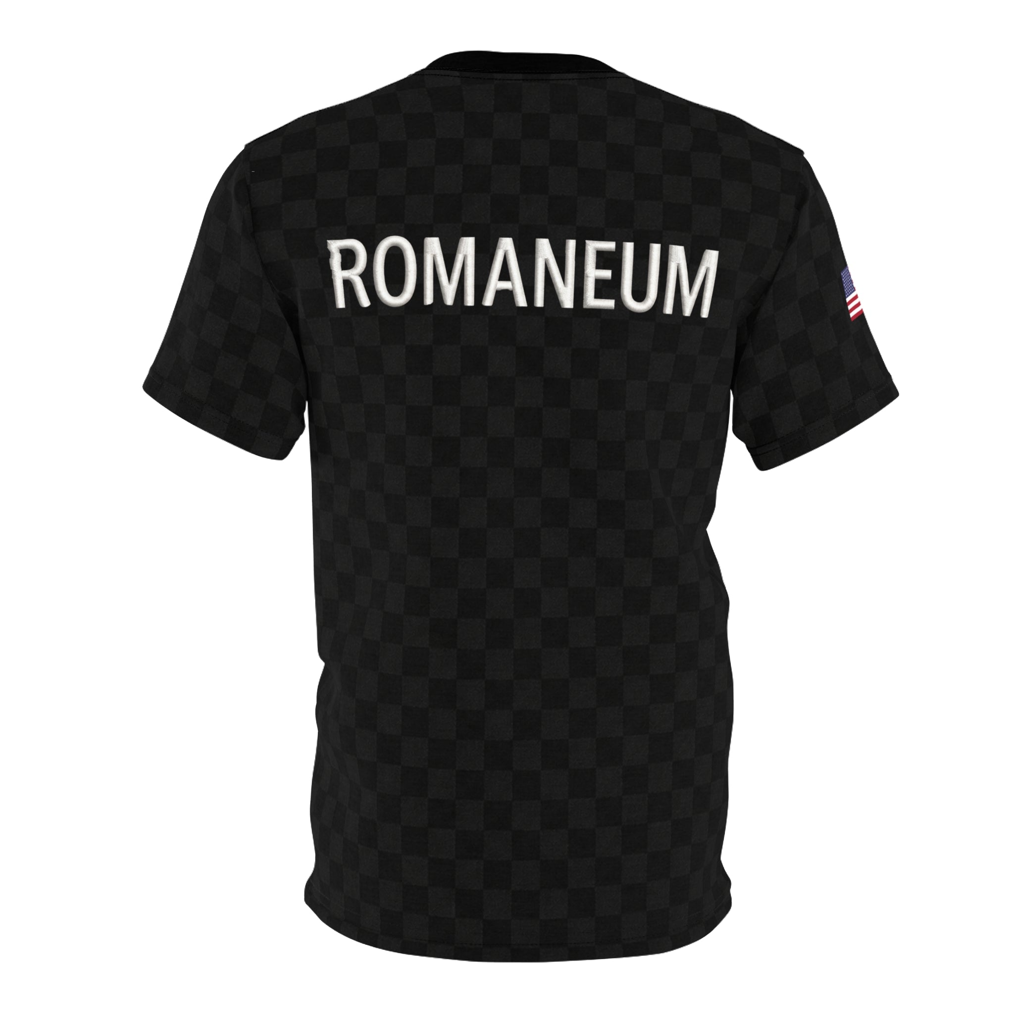 Black Checkered 'ROMANEUM' Logo Tee — All-Over Print Cut & Sew Shirt