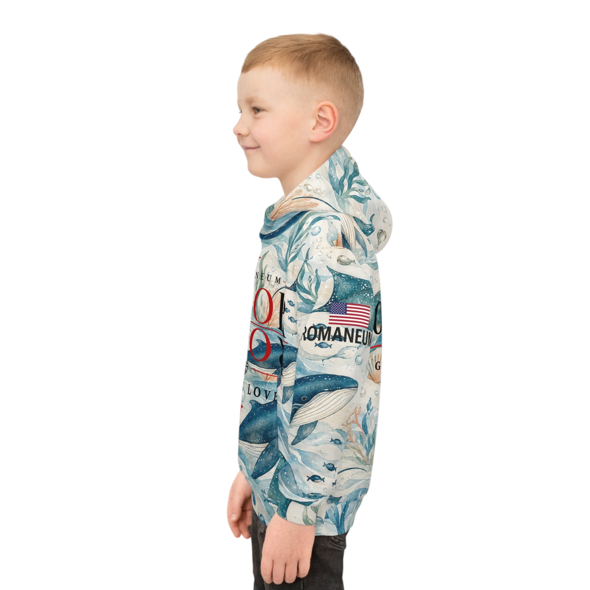 Children's All-Over-Print Hoodie — Whale & Ocean Watercolor "Amor Roma" Design (God Is Love)