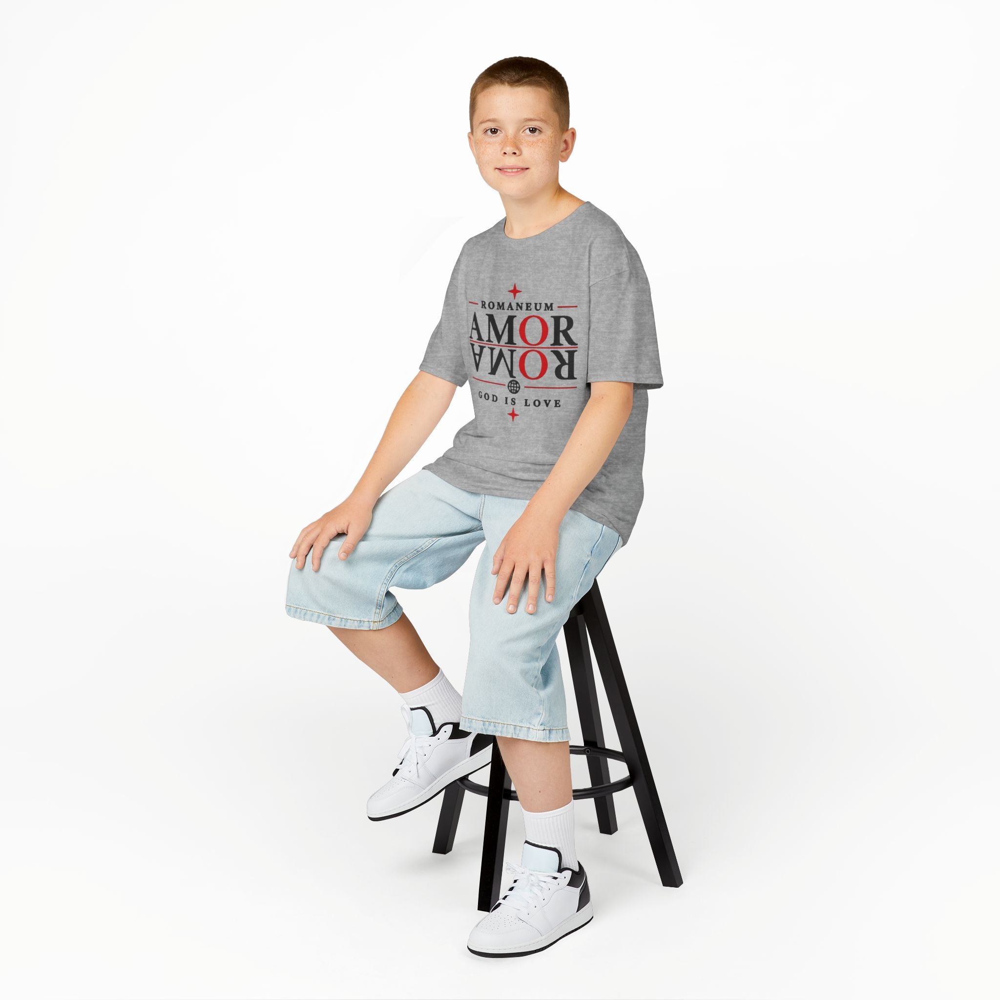 Kids Tee — "Amor Roma / God is Love" Religious Graphic Shirt