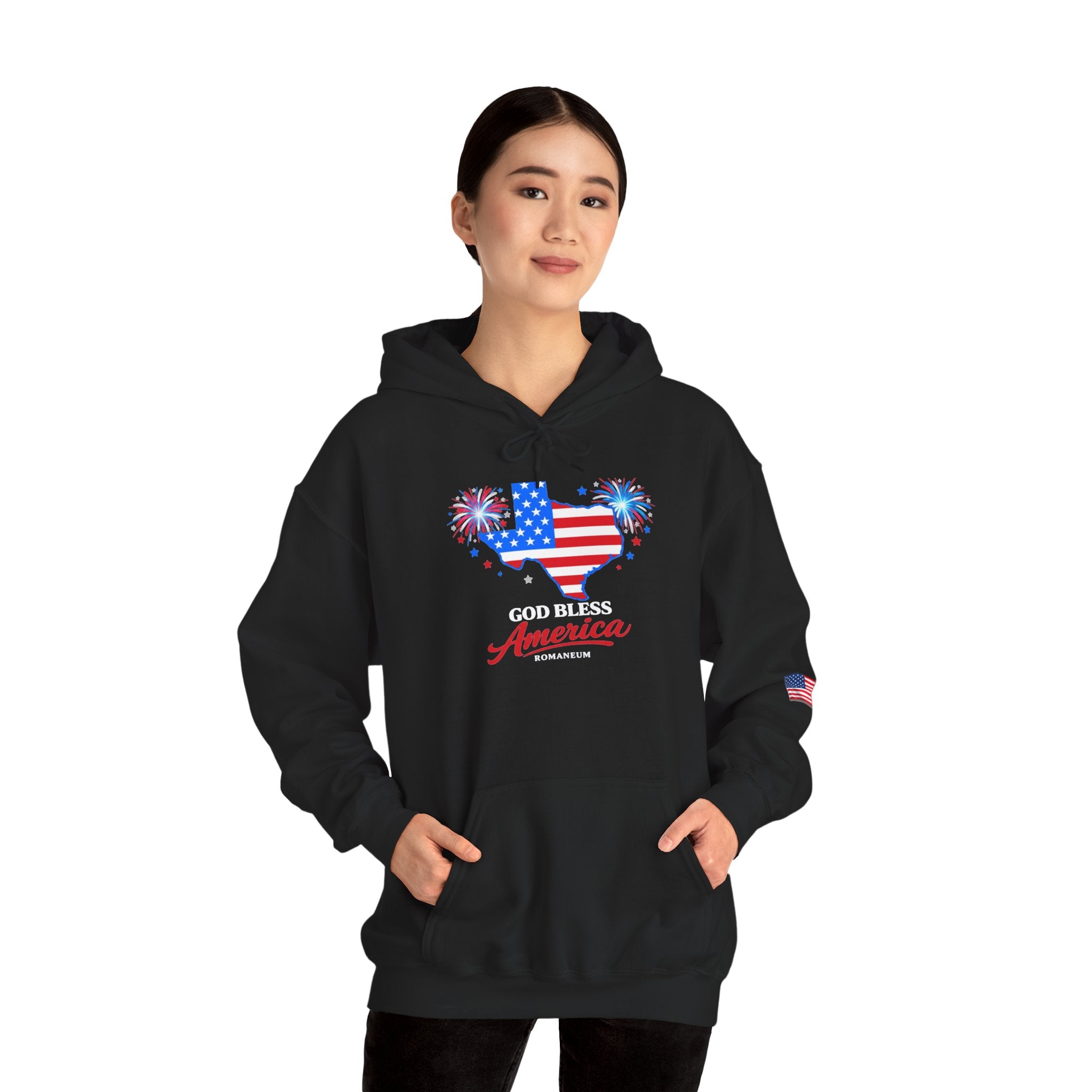 Romaneum God Bless America flag map Hoodie | American flag fireworks sleeve