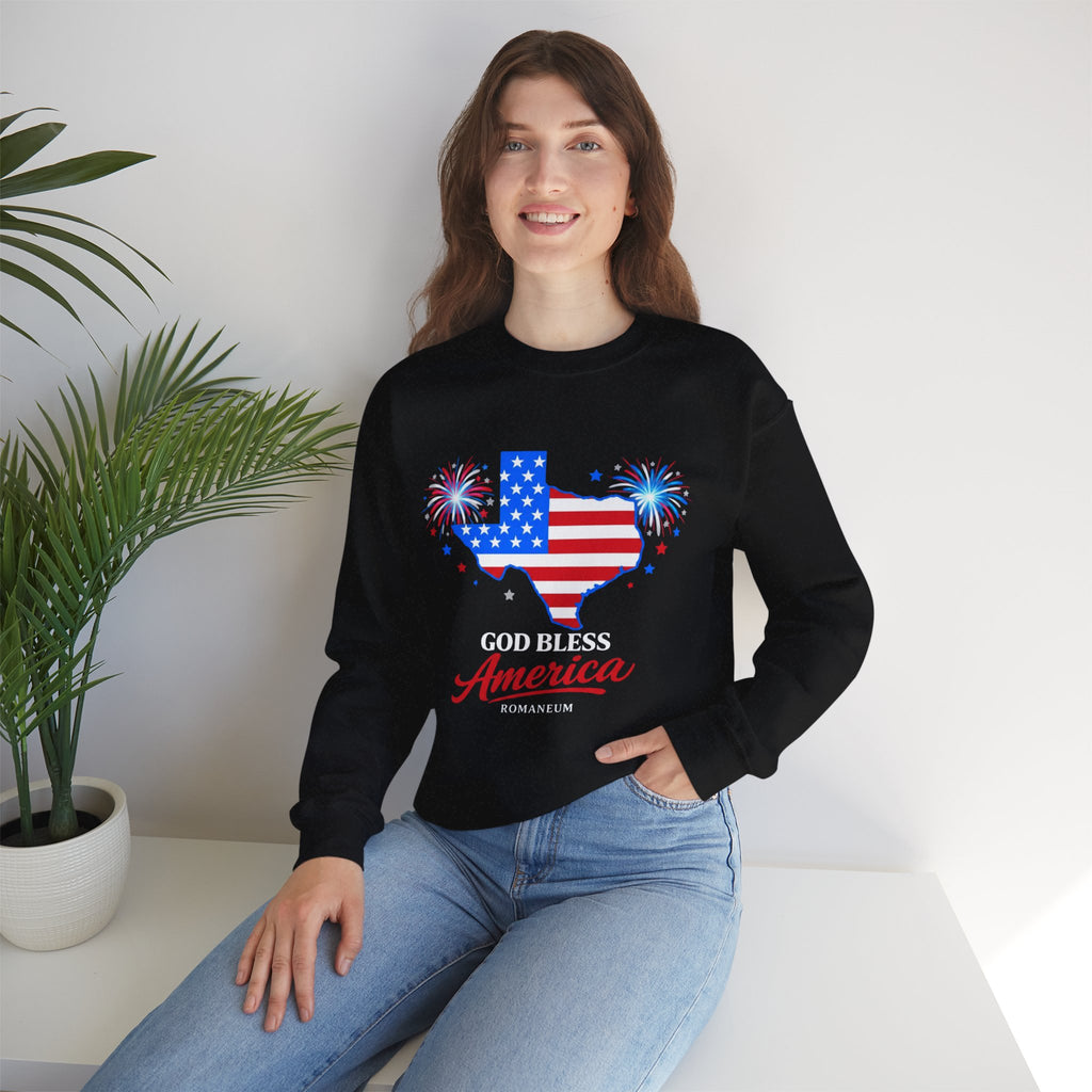 Romaneum God Bless America Flag Heart sweatshirt | Patriotic 4th of July crewneck