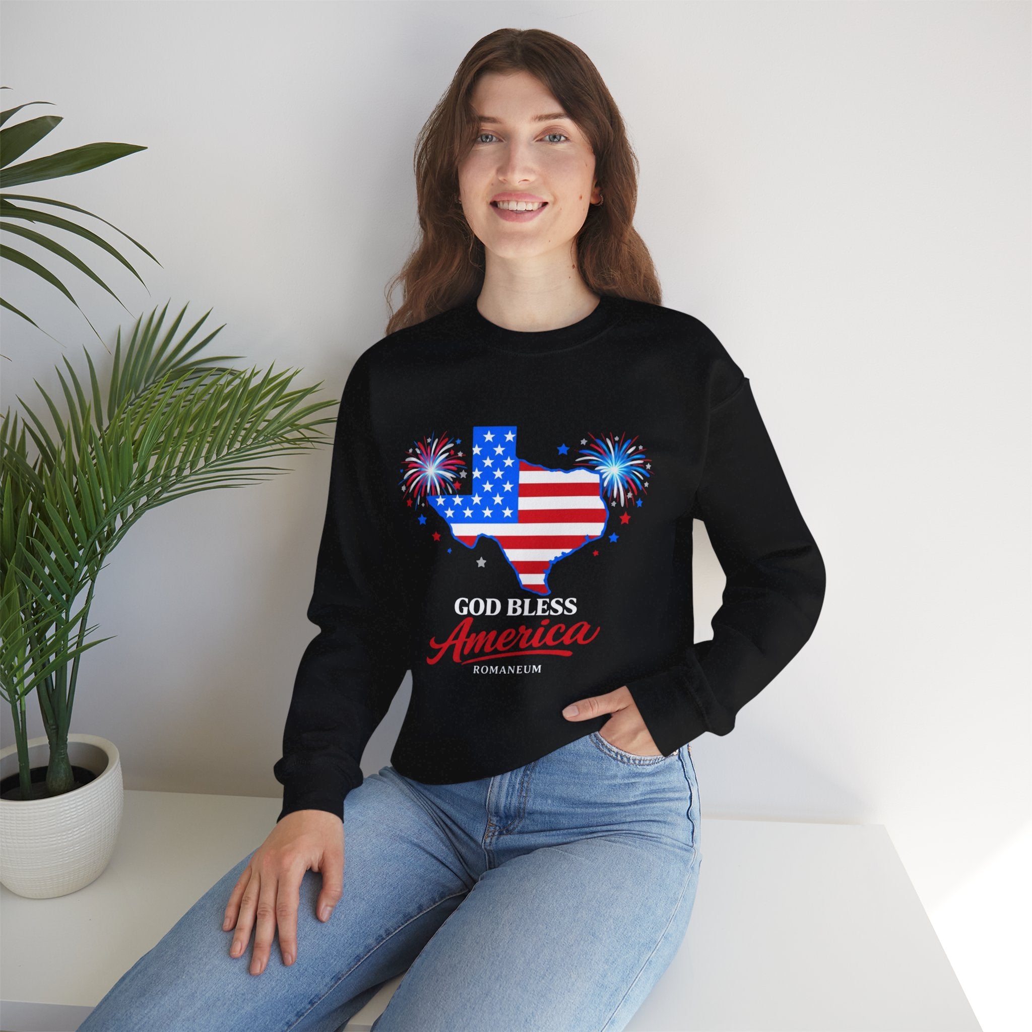 Romaneum God Bless America Flag Heart sweatshirt | Patriotic 4th of July crewneck