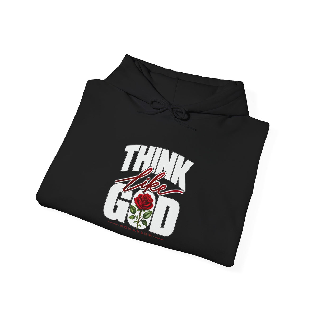 Think Like God Hoodie — Graphic Religious Pullover with Romaneum Sleeve Print