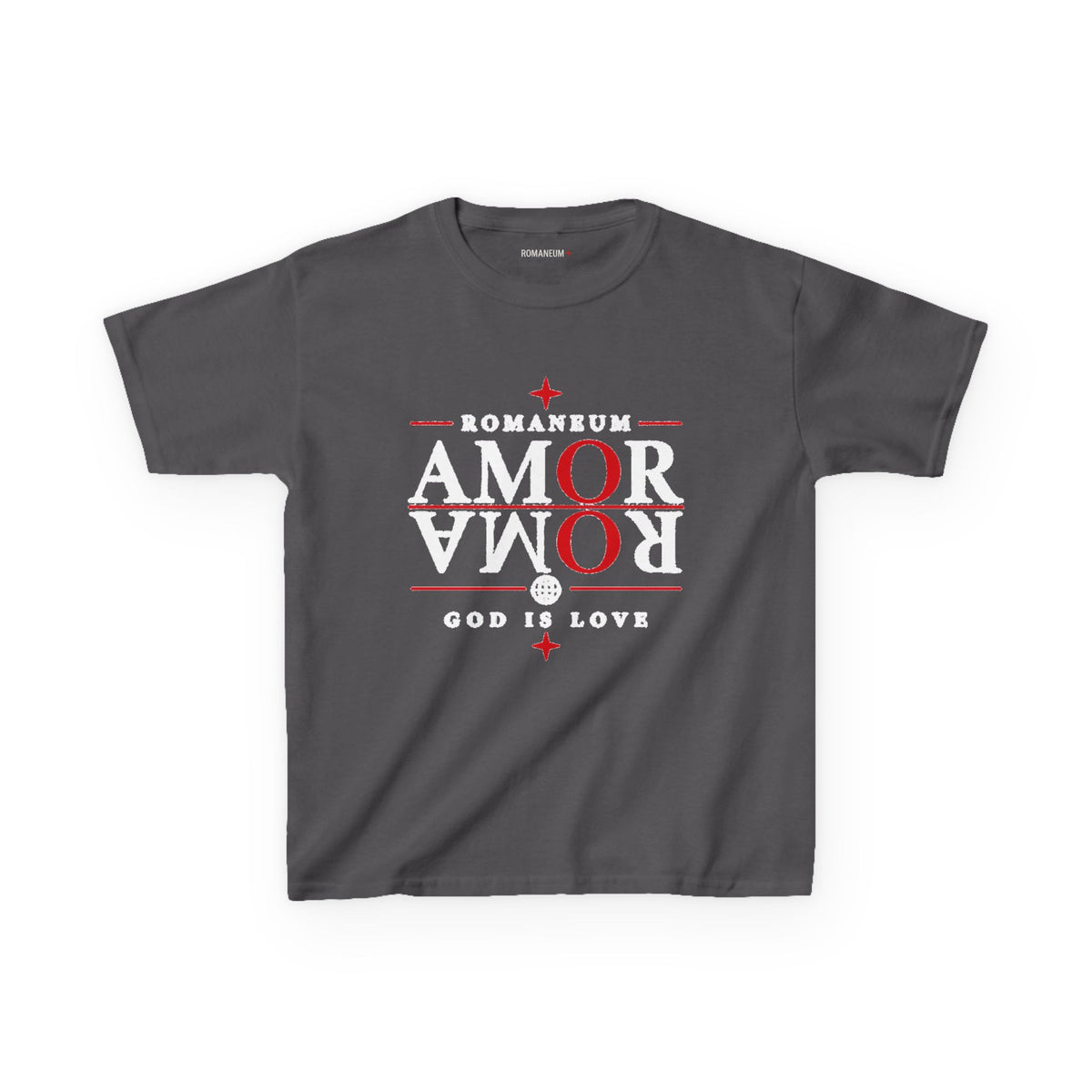 Kids Tee — "Amor Roma / God is Love" Religious Graphic Shirt