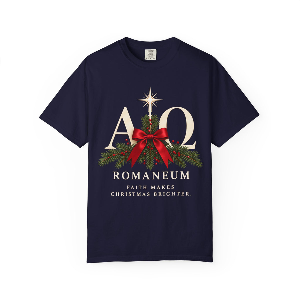 Alpha Omega Christmas T‑Shirt — "Romaneum: Faith Makes Christmas Brighter"