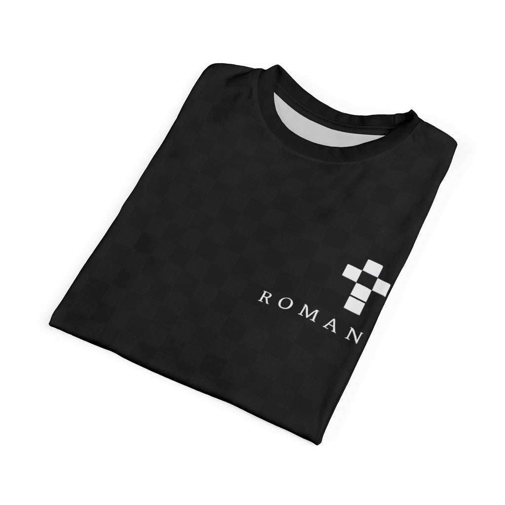 Black Checkered 'ROMANEUM' Logo Tee — All-Over Print Cut & Sew Shirt