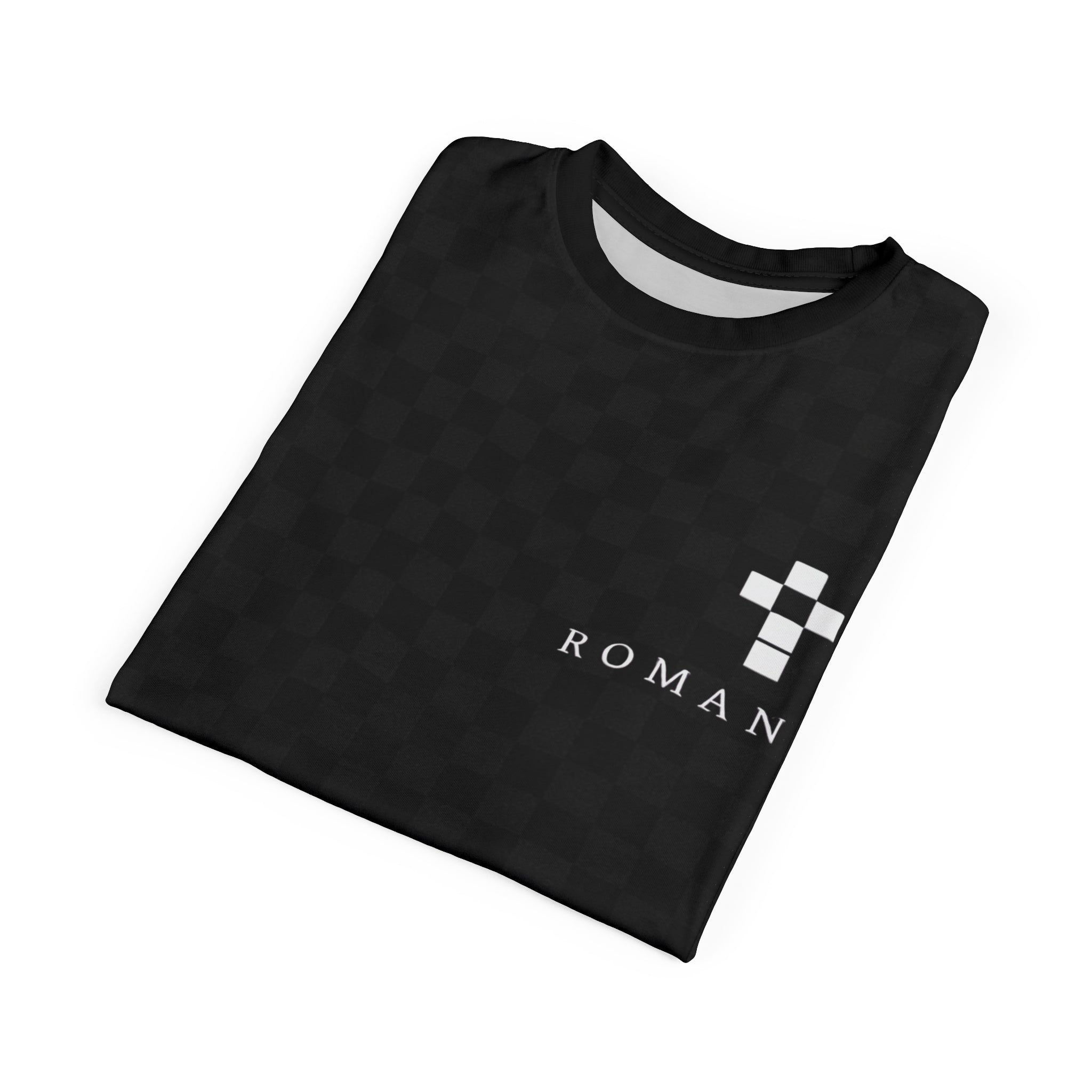 Black Checkered 'ROMANEUM' Logo Tee — All-Over Print Cut & Sew Shirt