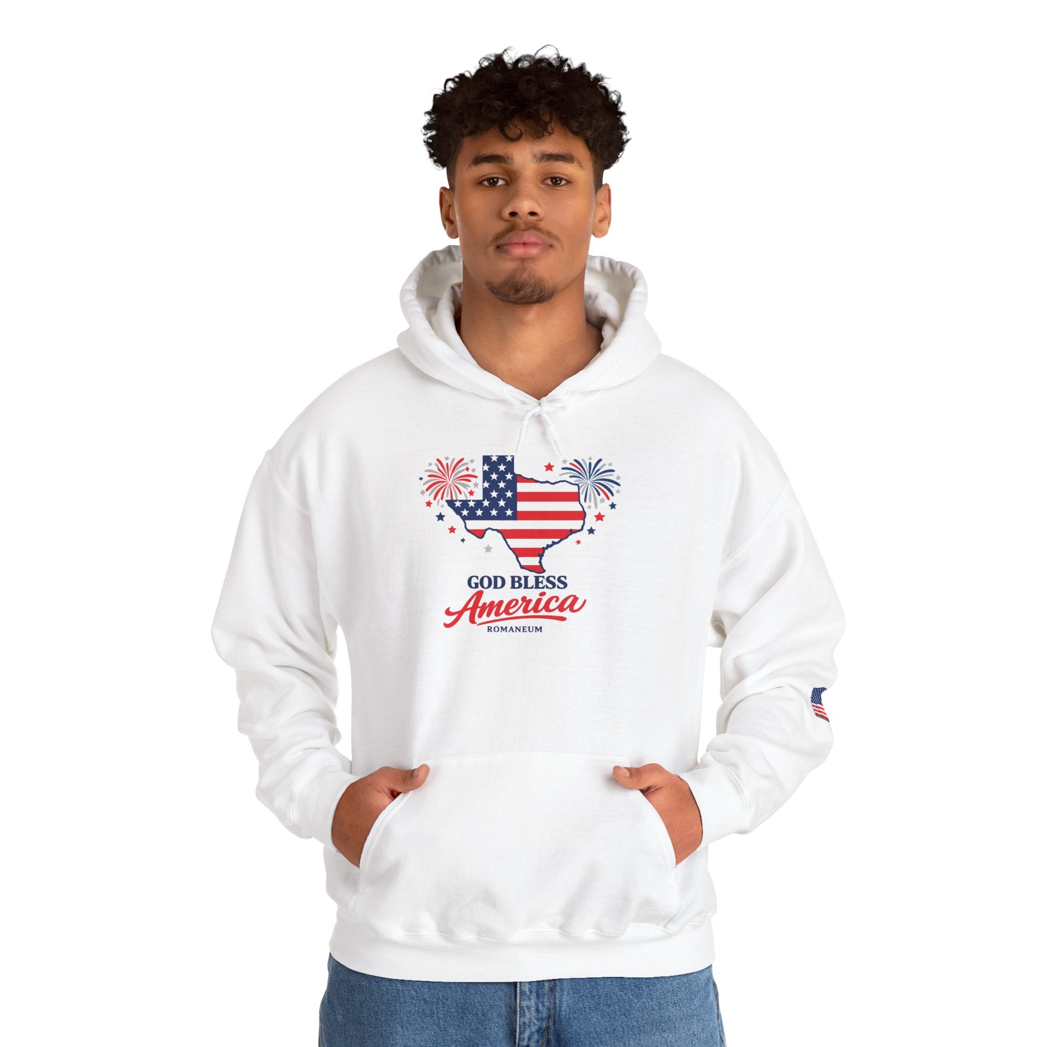 Romaneum God Bless America flag map Hoodie | American flag fireworks sleeve