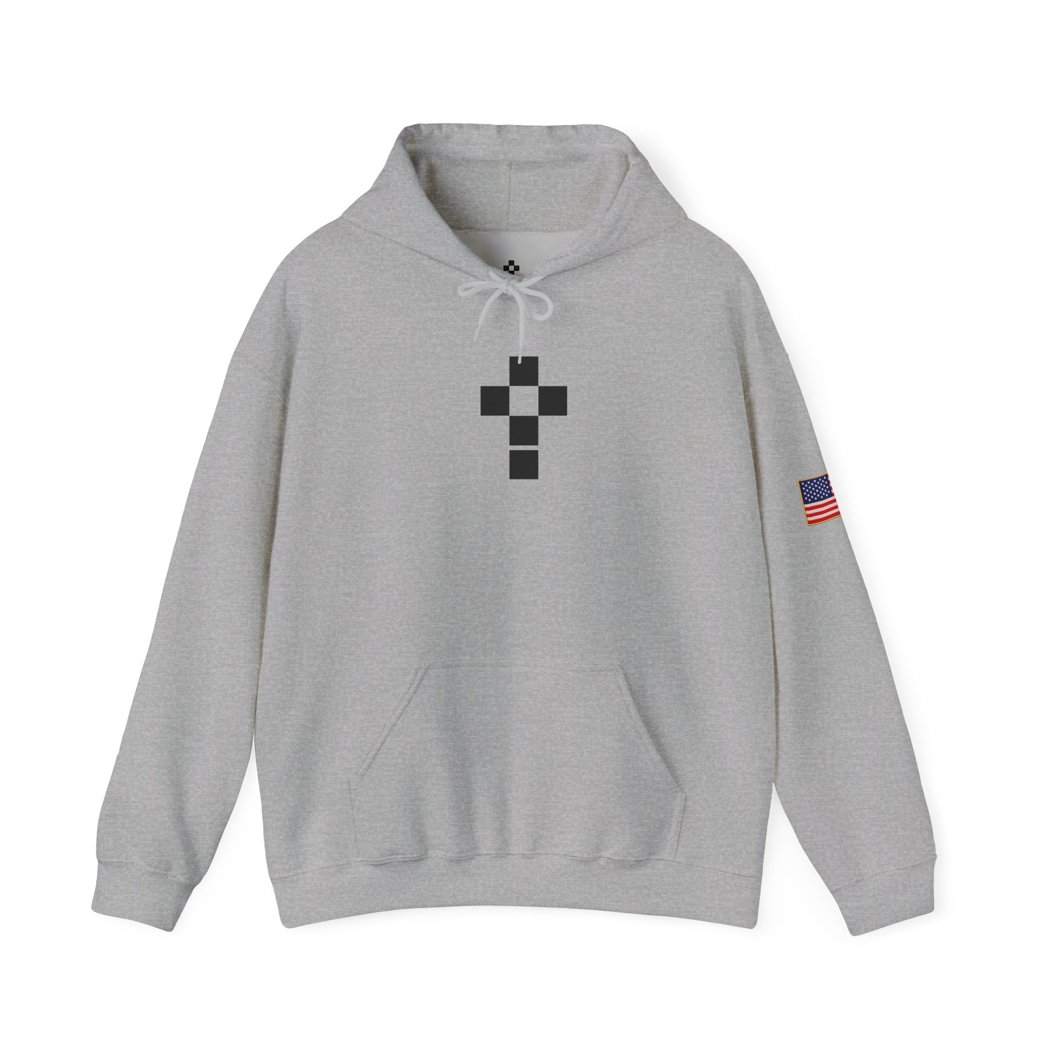 Romaneum Pixel Cross Hoodie | Small Black Cross, American Flag Sleeve