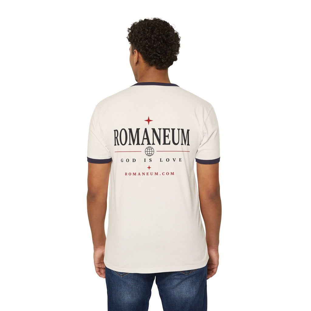 Romaneum "AMOR/ROMA" Ringer Tee — God Is Love Christian T‑Shirt