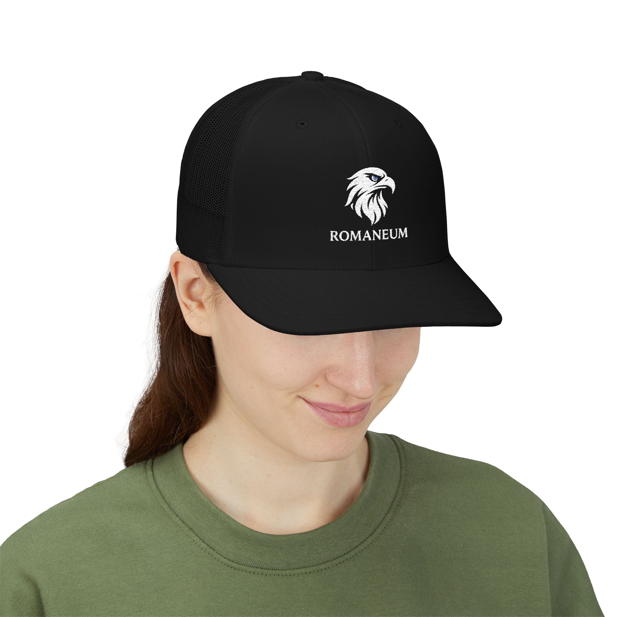 Eagle Head Romanem Trucker Cap | Embroidered Black White Mesh