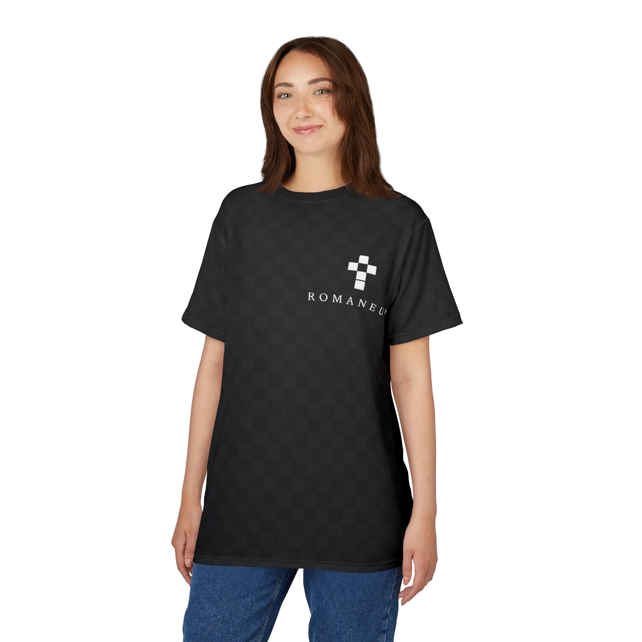 Black Checkered 'ROMANEUM' Logo Tee — All-Over Print Cut & Sew Shirt