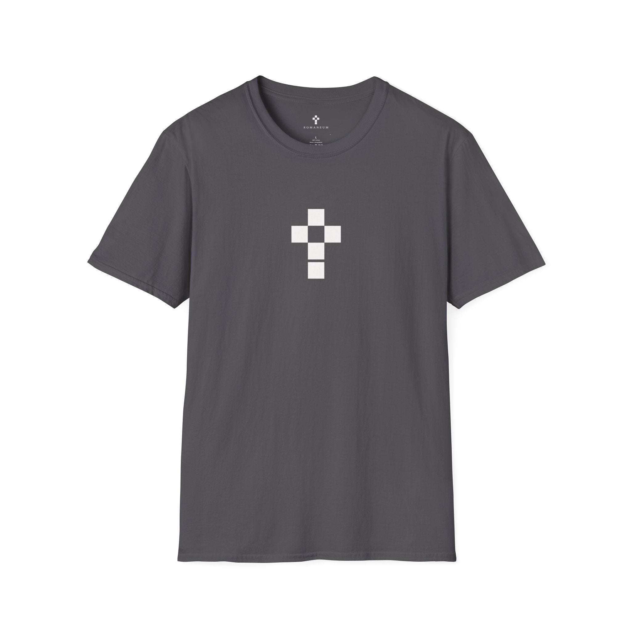 Romaneum Minimal Pixel Cross T-Shirt | Small Geometric Church Symbol