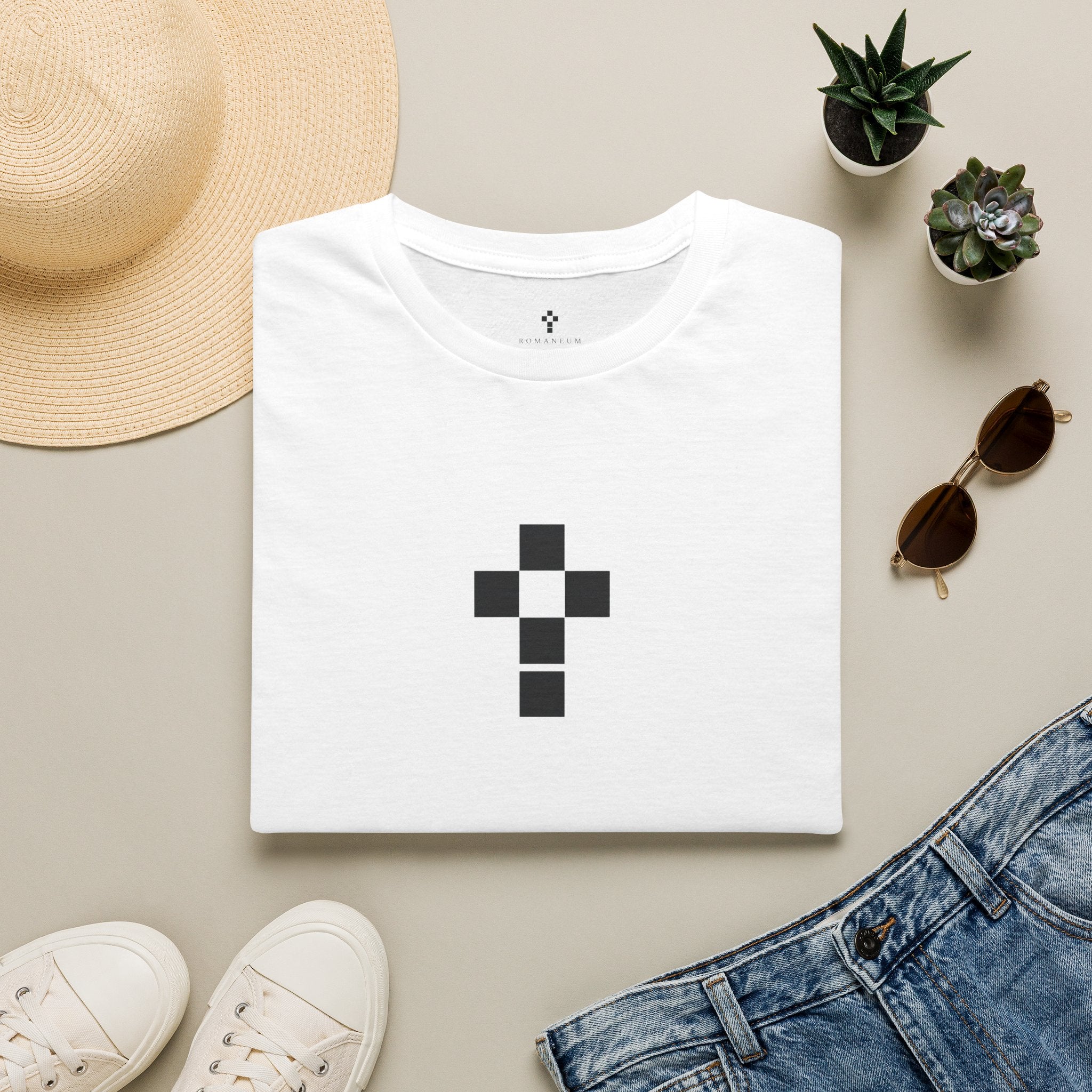 Romaneum Minimal Pixel Cross T-Shirt | Small Geometric Church Symbol