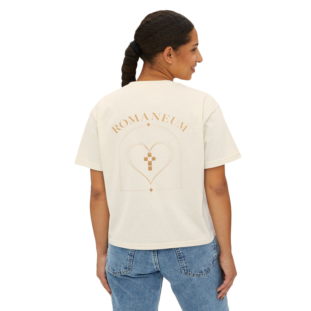 Romaneum Women's Boxy Tee — Gold Cross & Heart Spiritual Graphic