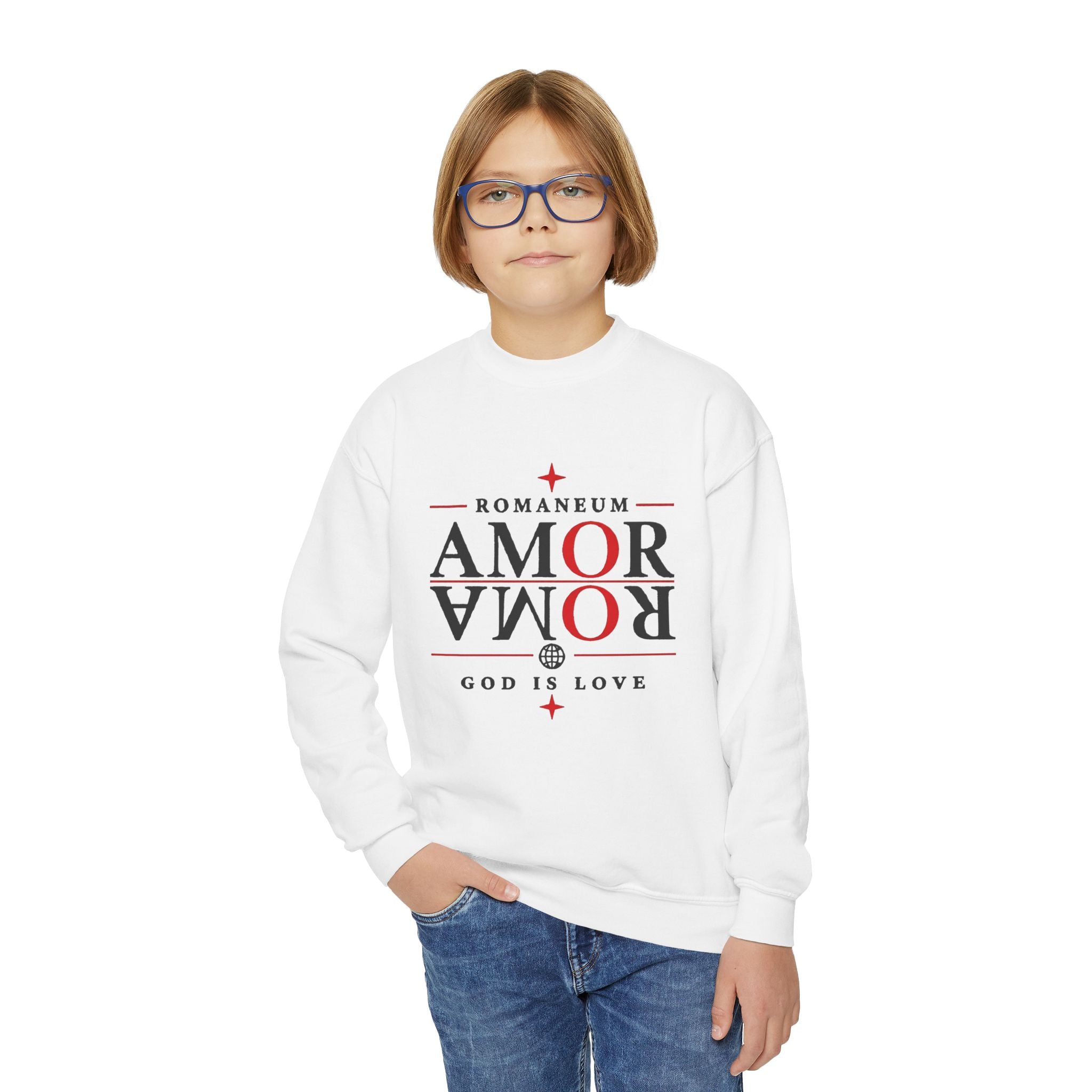 Romaneum Amor Crewneck Sweatshirt — “AMOR/ROMA” God Is Love Youth Pullover