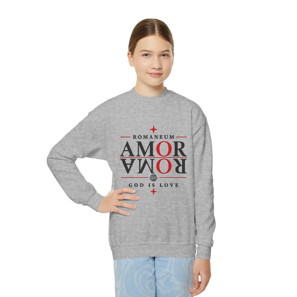Romaneum Amor Crewneck Sweatshirt — “AMOR/ROMA” God Is Love Youth Pullover