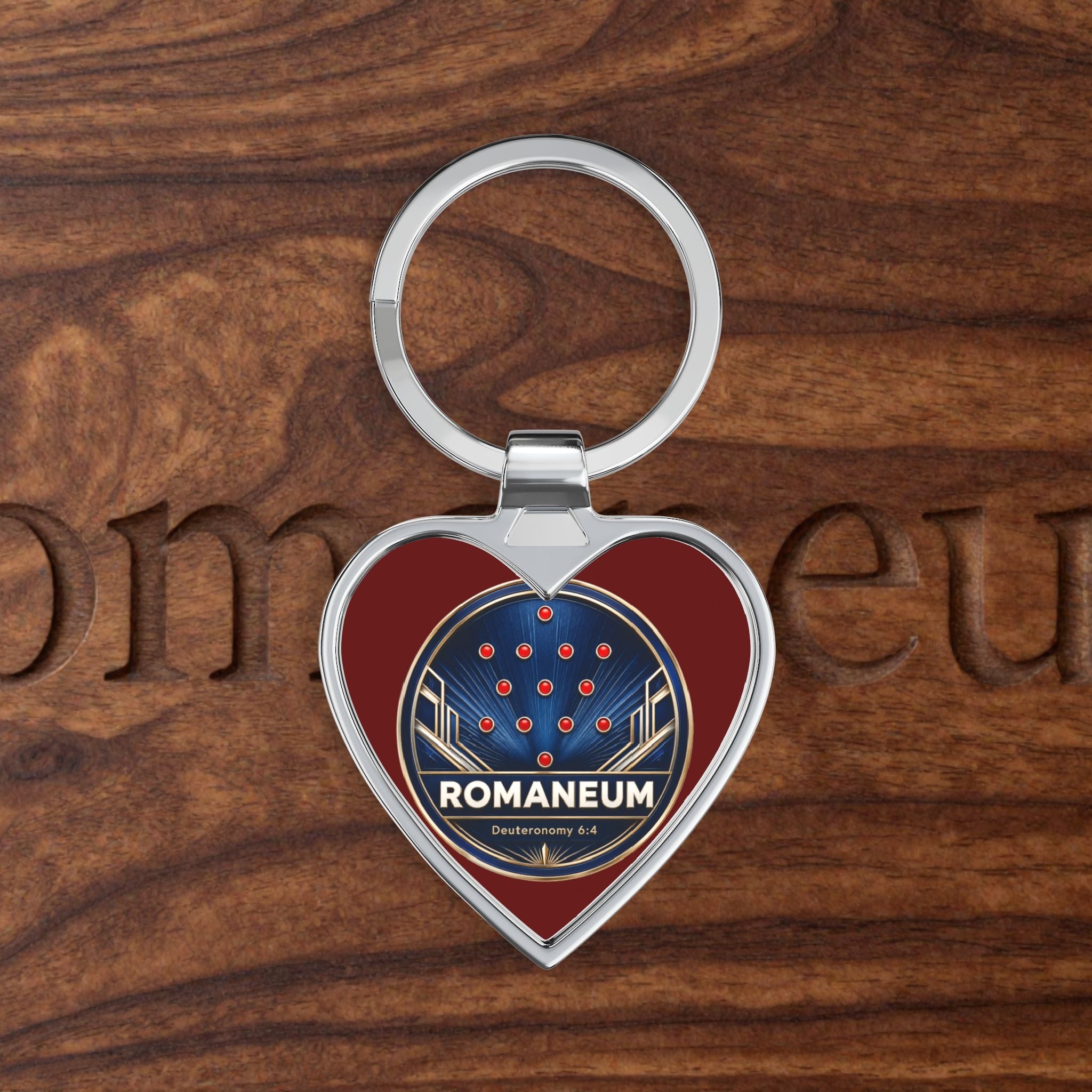 Heart Keychain — Romanem Crest Heart-Shaped Metal Keyring (Romaneum Logo)