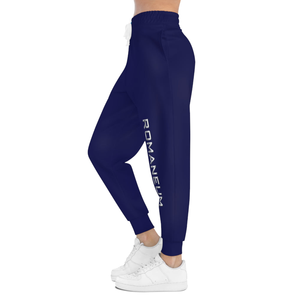Romaneum Navy Athletic Joggers — Logo Track Pants with Side Text