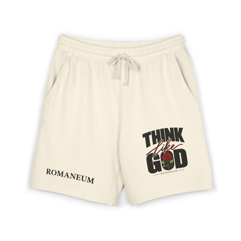 Think Like God Sweat Shorts — Graphic Fleece Lounge Shorts (Romaneum)