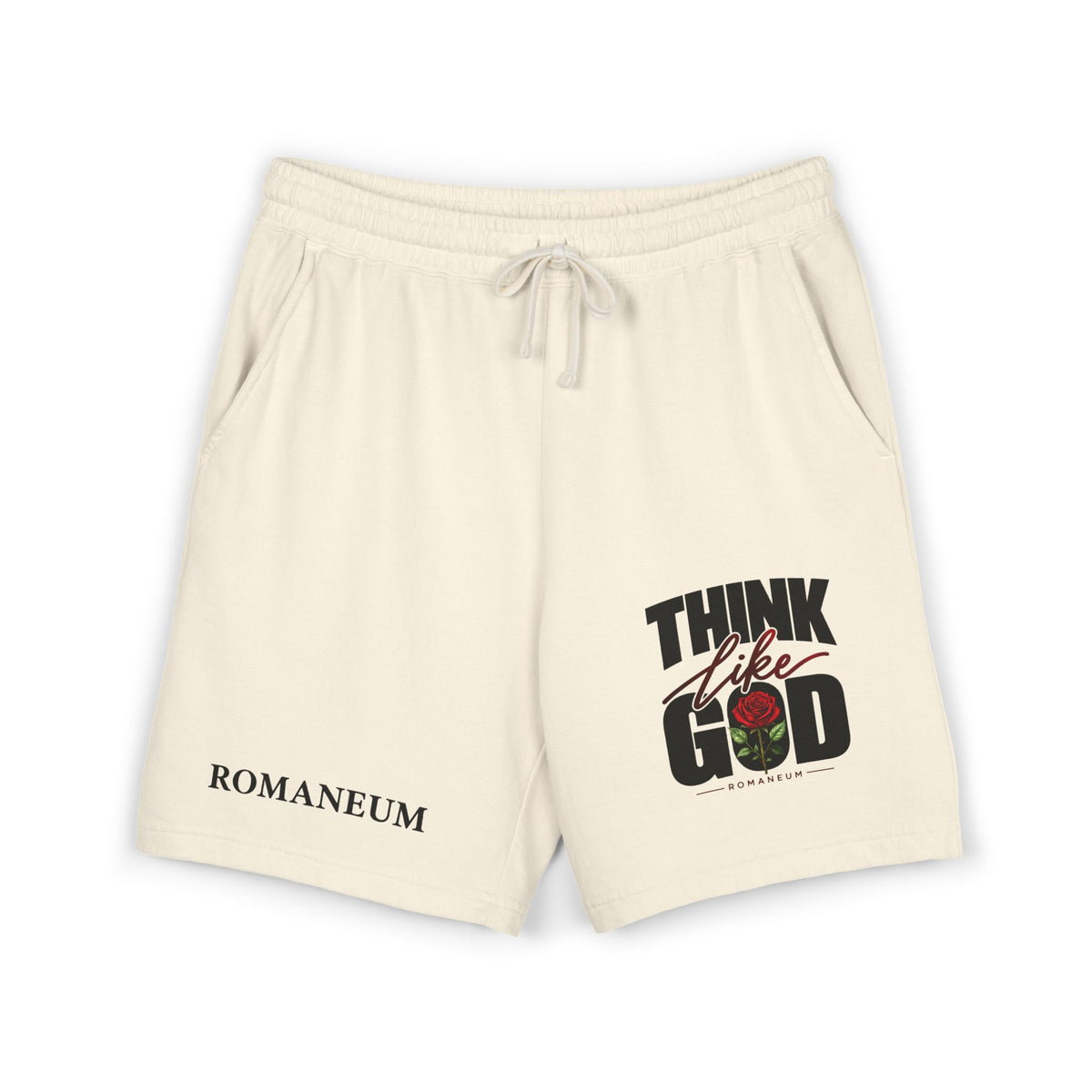 Think Like God Sweat Shorts — Graphic Fleece Lounge Shorts (Romaneum)