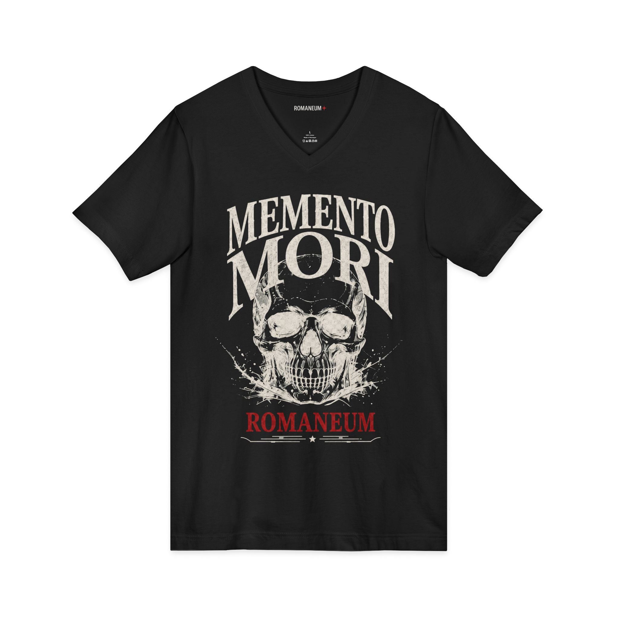 Memento Mori V-Neck Tee — Romaneum Skull Graphic Shirt