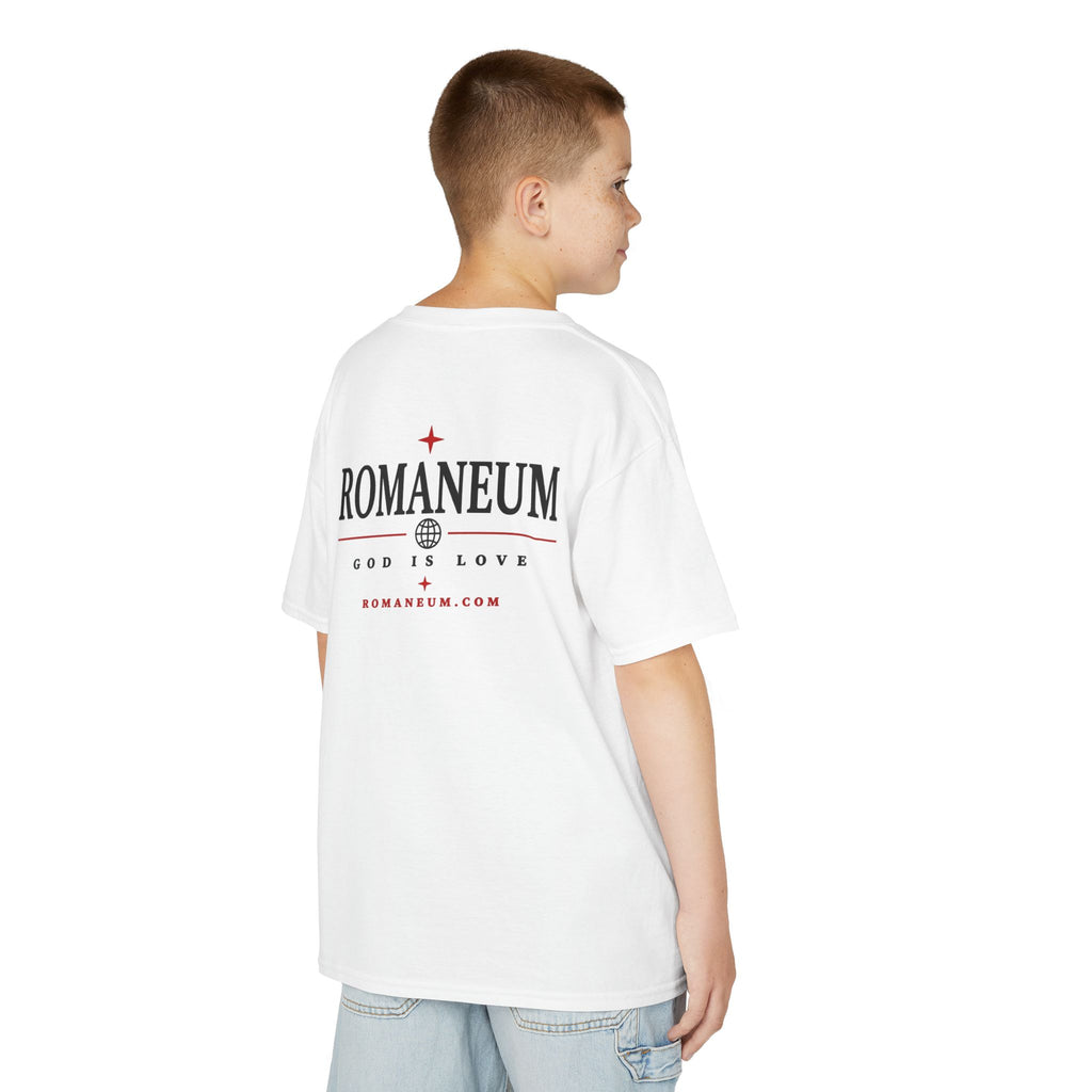 Kids Tee — "Amor Roma / God is Love" Religious Graphic Shirt