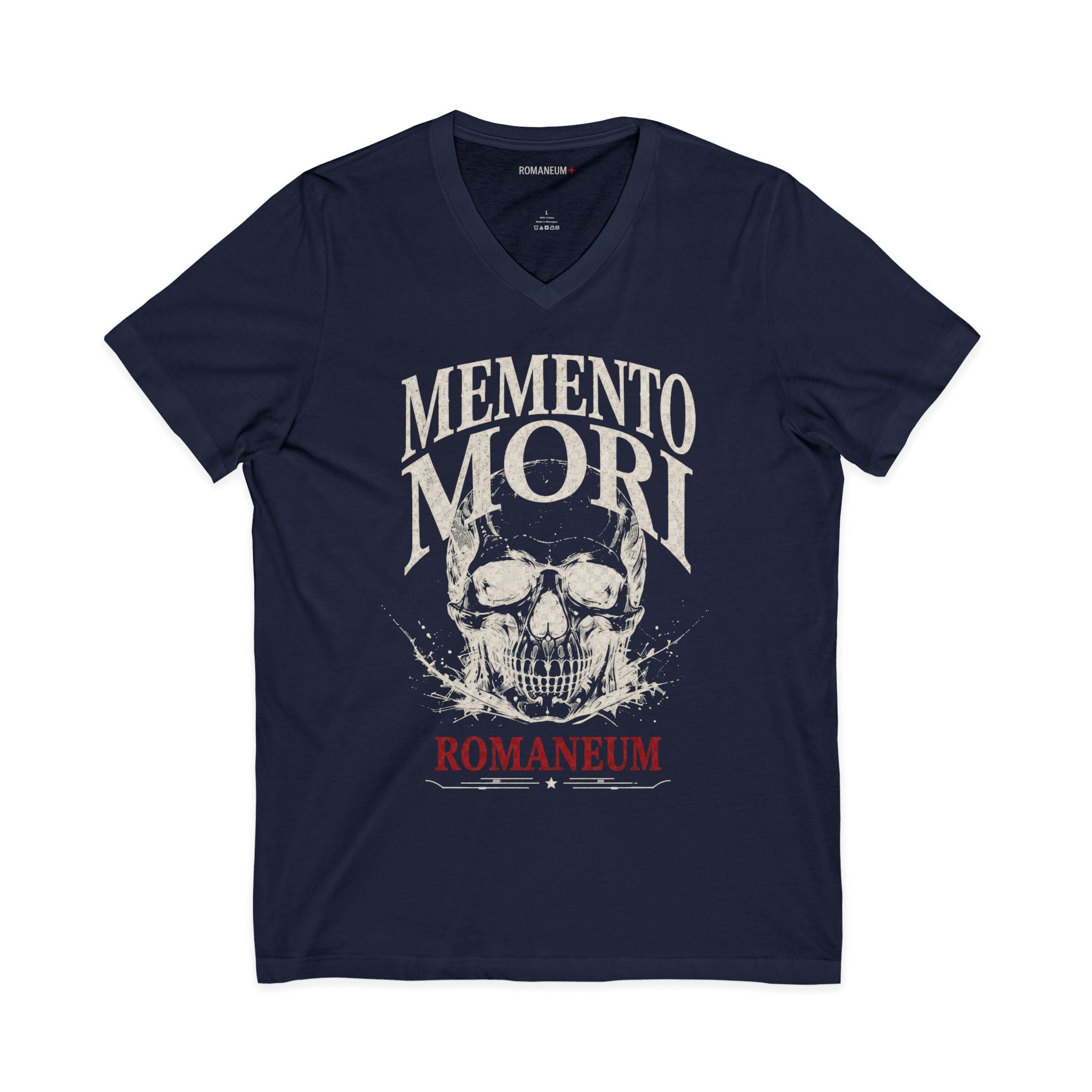 Memento Mori V-Neck Tee — Romaneum Skull Graphic Shirt