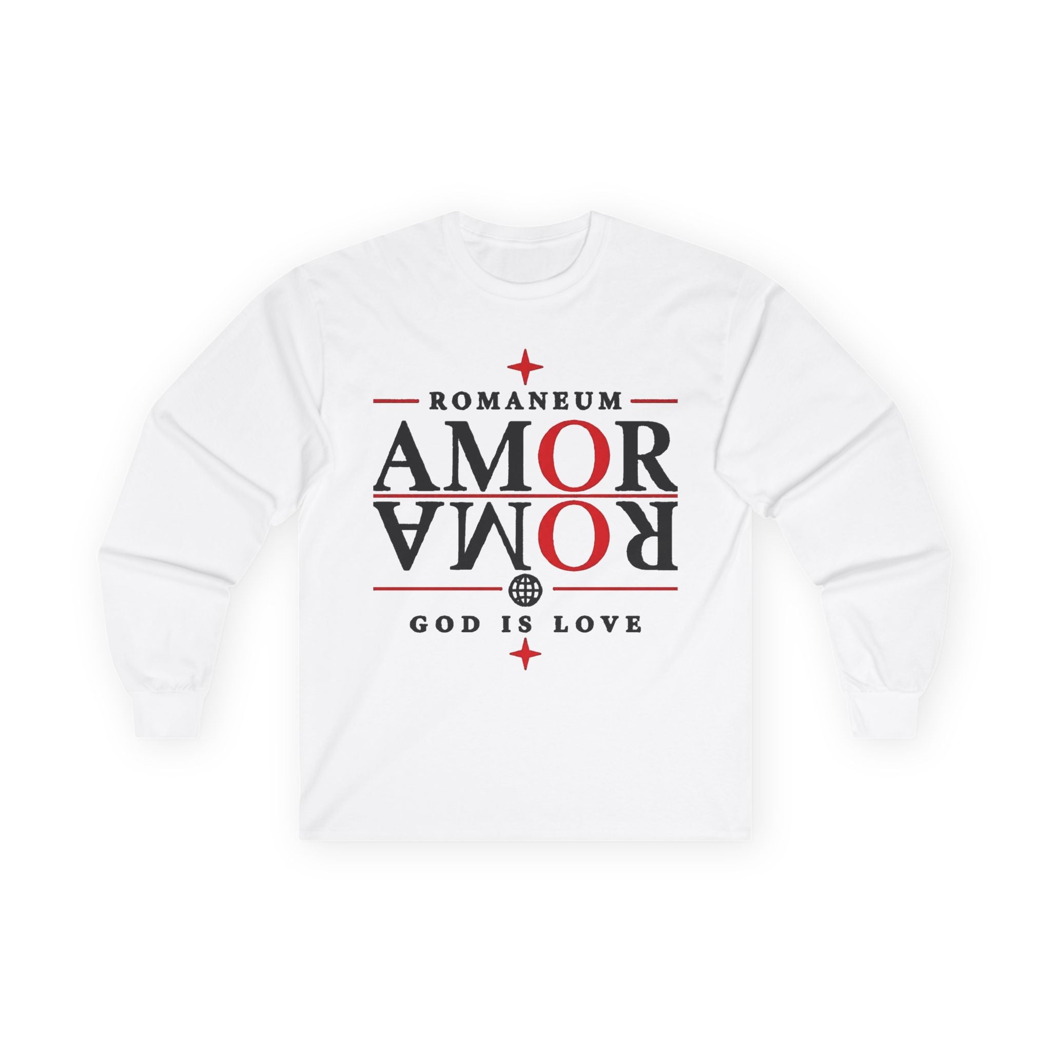 Long Sleeve Tee — "AMOR" Romaneum God Is Love Religious Graphic Shirt