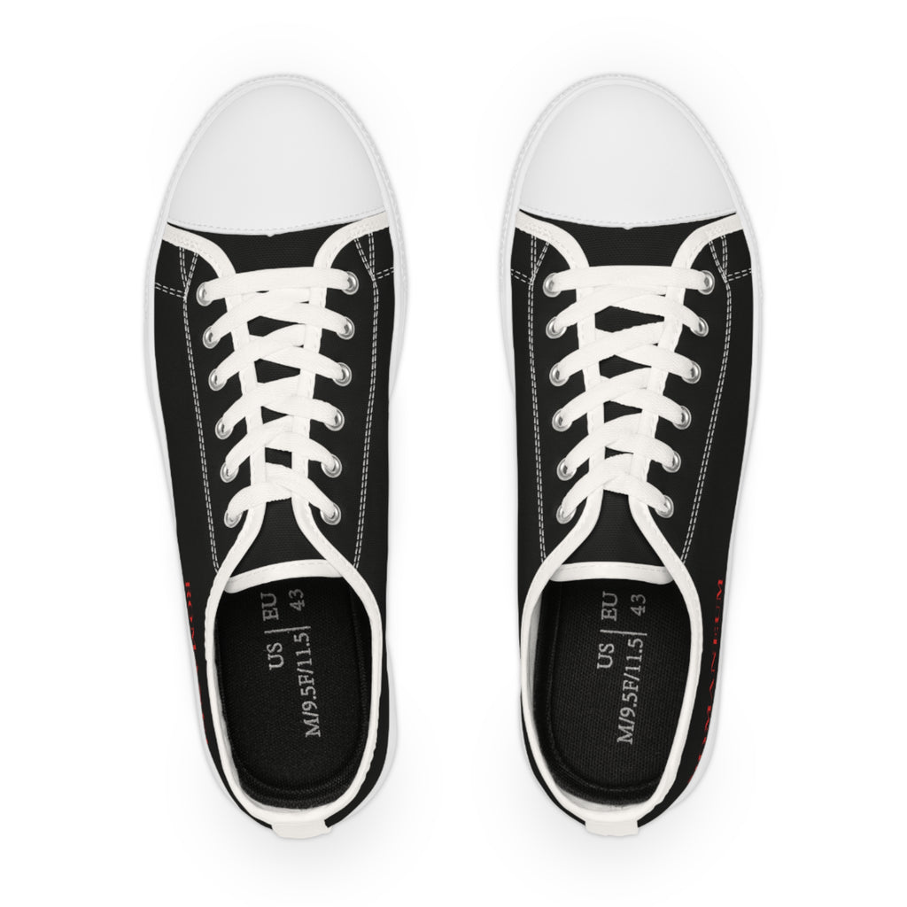 Low Top Sneakers — Black Canvas Casual Shoes with 'ROMA' Red Text