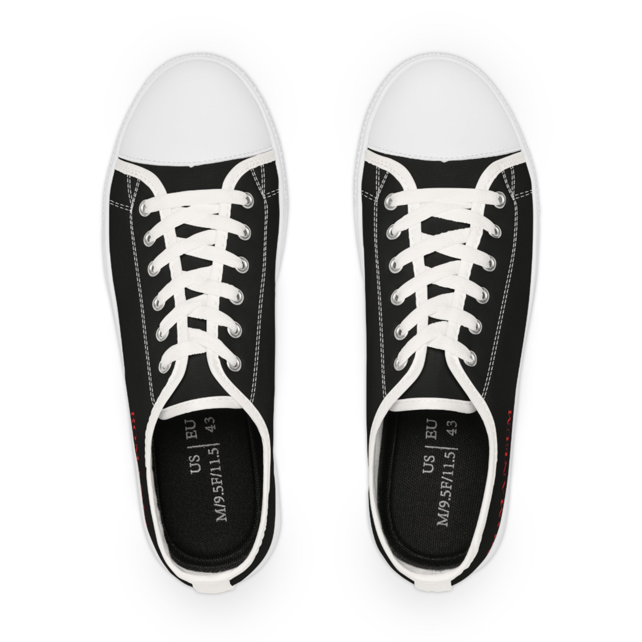 Low Top Sneakers — Black Canvas Casual Shoes with 'ROMA' Red Text