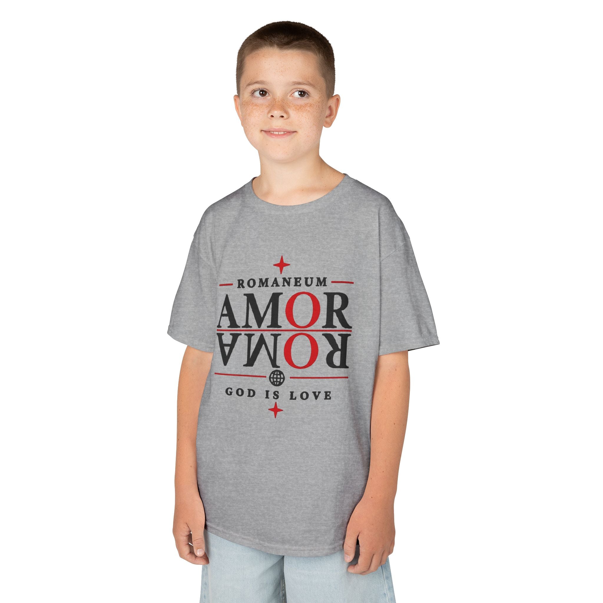 Kids Tee — "Amor Roma / God is Love" Religious Graphic Shirt