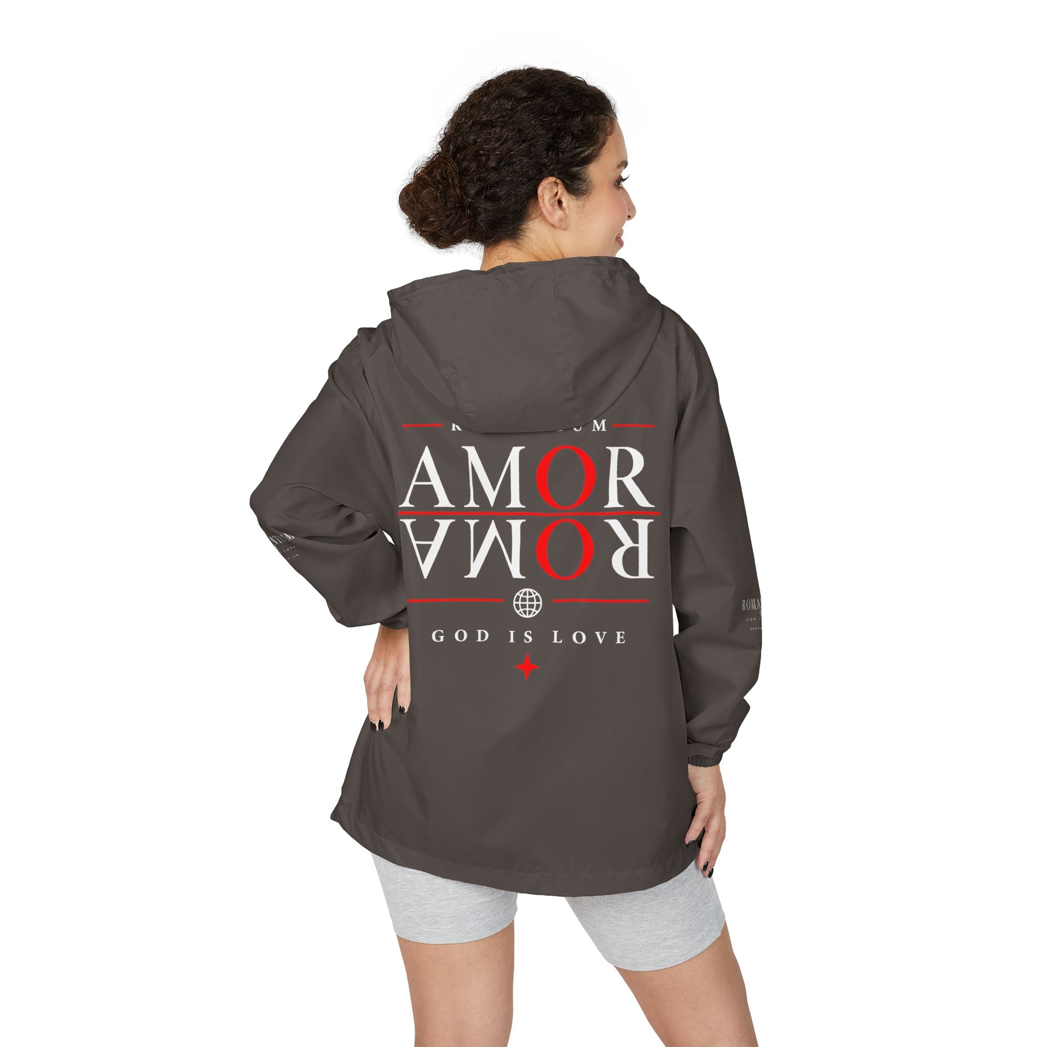 Windbreaker Jacket — 'AMOR ROMA' Christian Graphic Full-Zip Hoodie-Style Windbreaker