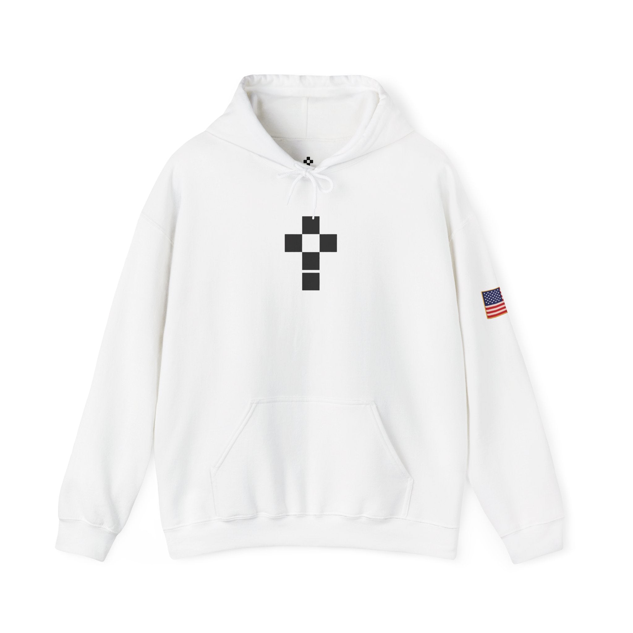 Romaneum Pixel Cross Hoodie | Small Black Cross, American Flag Sleeve
