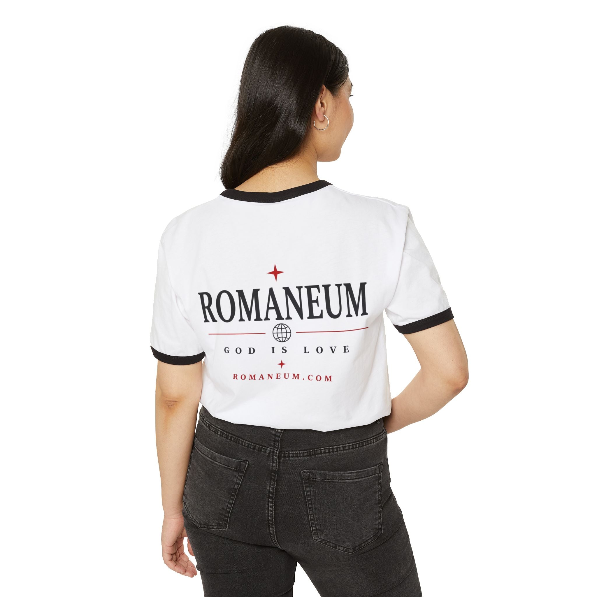 Romaneum "AMOR/ROMA" Ringer Tee — God Is Love Christian T‑Shirt