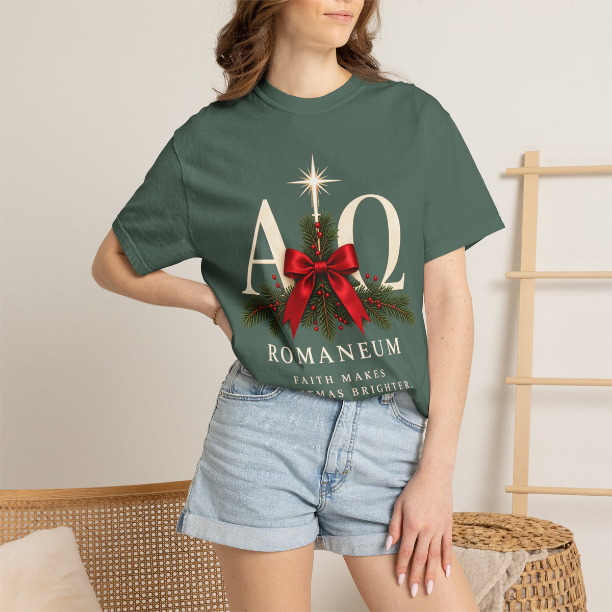 Alpha Omega Christmas T‑Shirt — "Romaneum: Faith Makes Christmas Brighter"